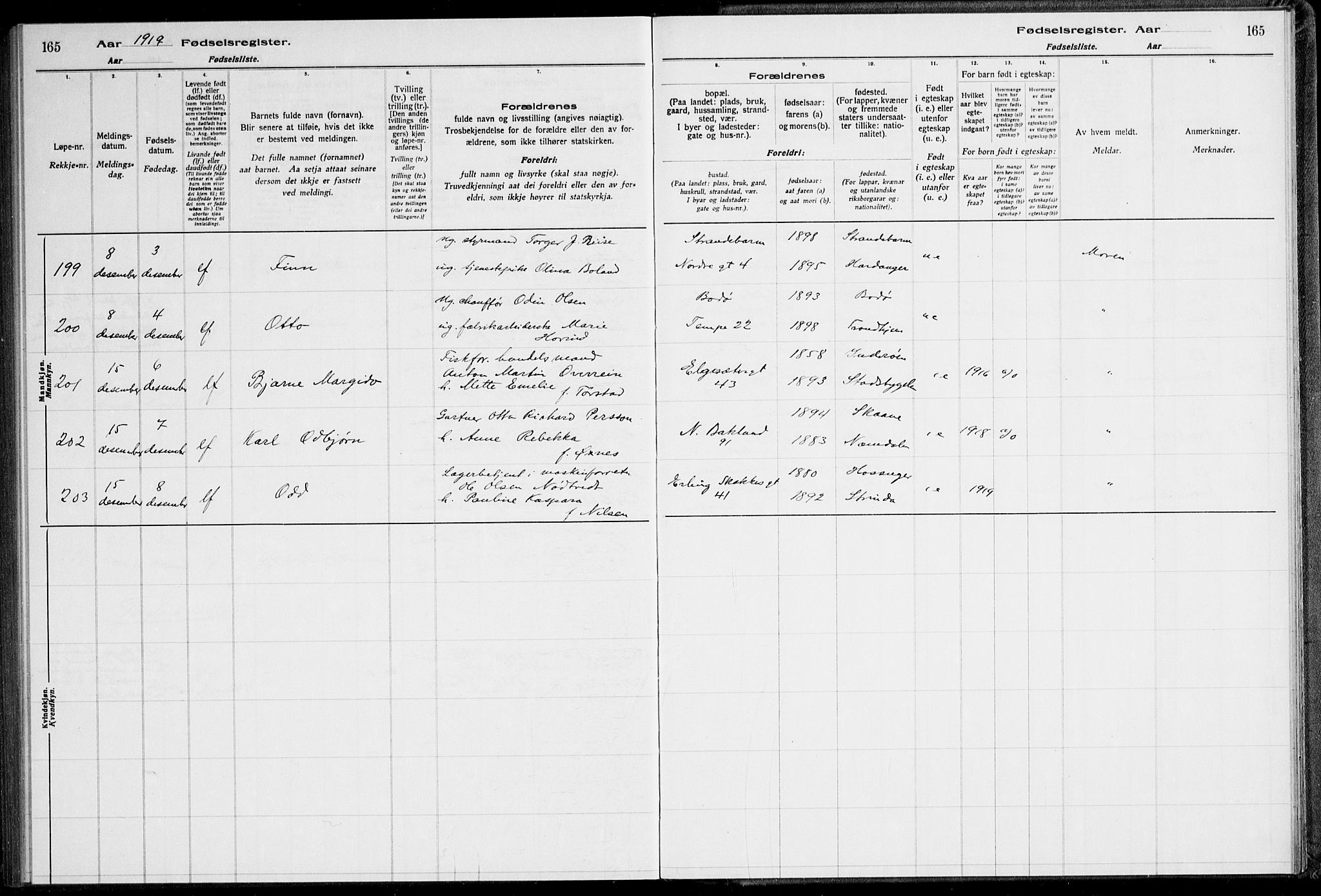 Ministerialprotokoller, klokkerbøker og fødselsregistre - Sør-Trøndelag, AV/SAT-A-1456/600/L0002: Birth register no. 600.II.4.1, 1916-1920, p. 165