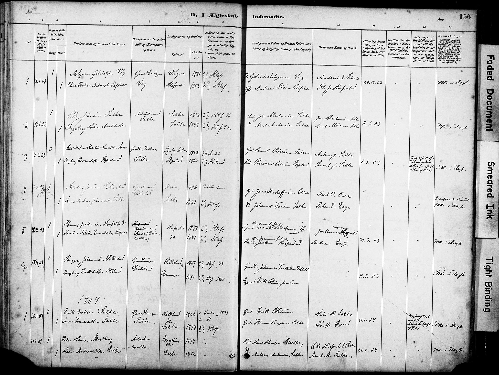 Klepp sokneprestkontor, SAST/A-101803/001/3/30BA/L0007: Parish register (official) no. A 8, 1886-1912, p. 156