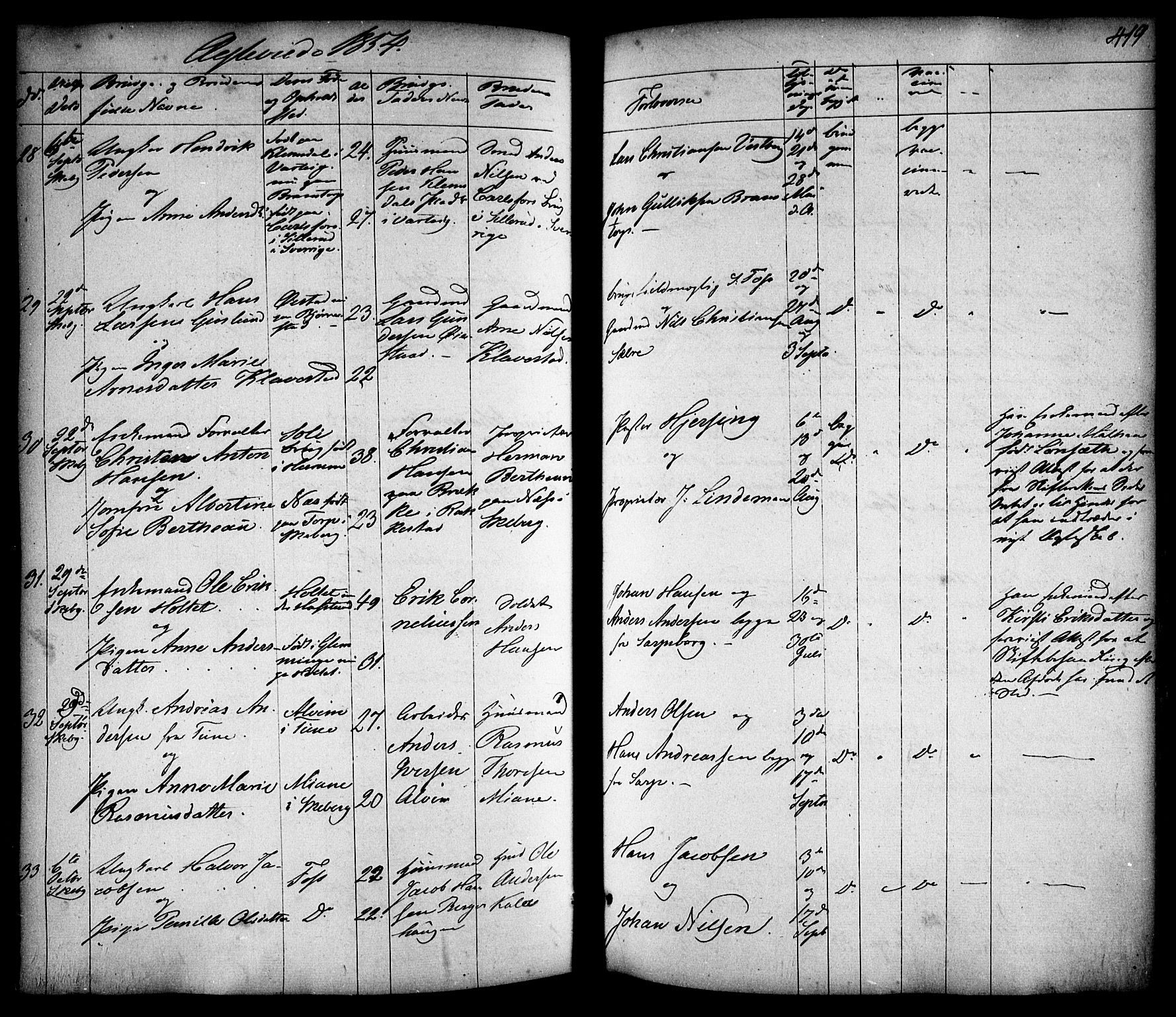 Skjeberg prestekontor Kirkebøker, AV/SAO-A-10923/F/Fa/L0006: Parish register (official) no. I 6, 1846-1858, p. 419