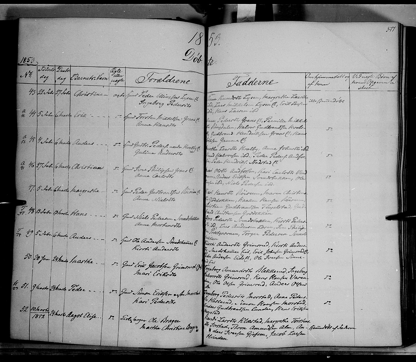 Gran prestekontor, SAH/PREST-112/H/Ha/Haa/L0011: Parish register (official) no. 11, 1842-1856, p. 376-377