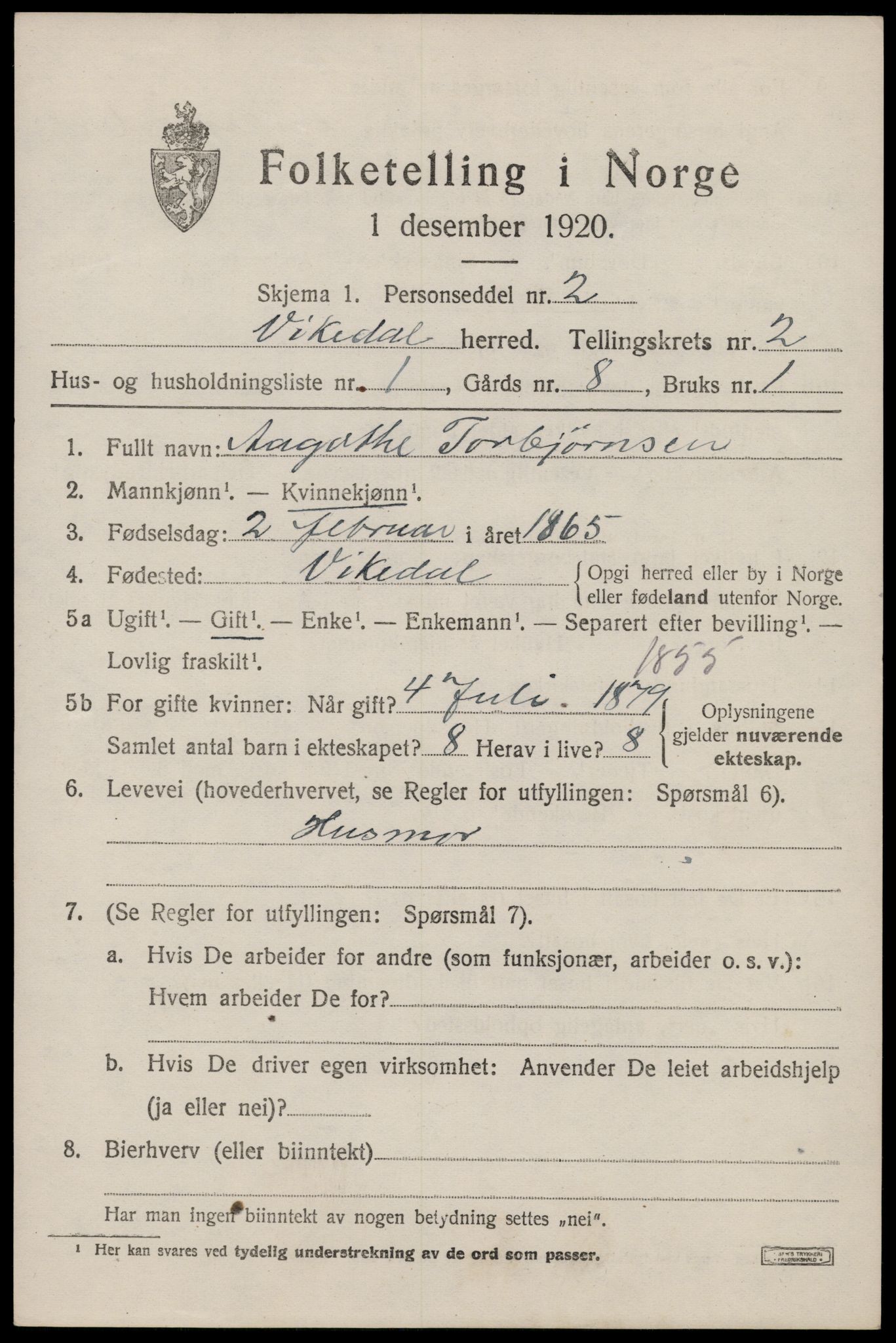 SAST, 1920 census for Vikedal, 1920, p. 1415