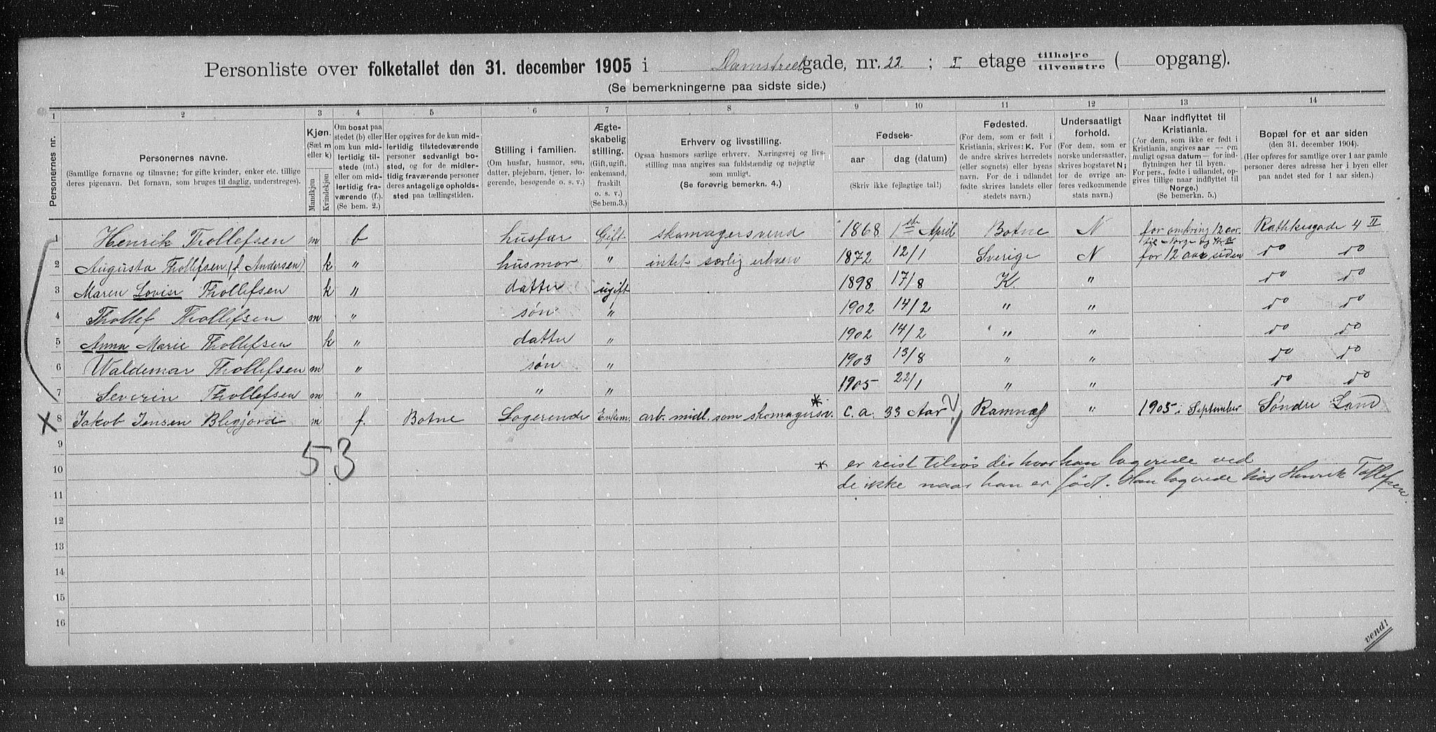 OBA, Municipal Census 1905 for Kristiania, 1905, p. 7572