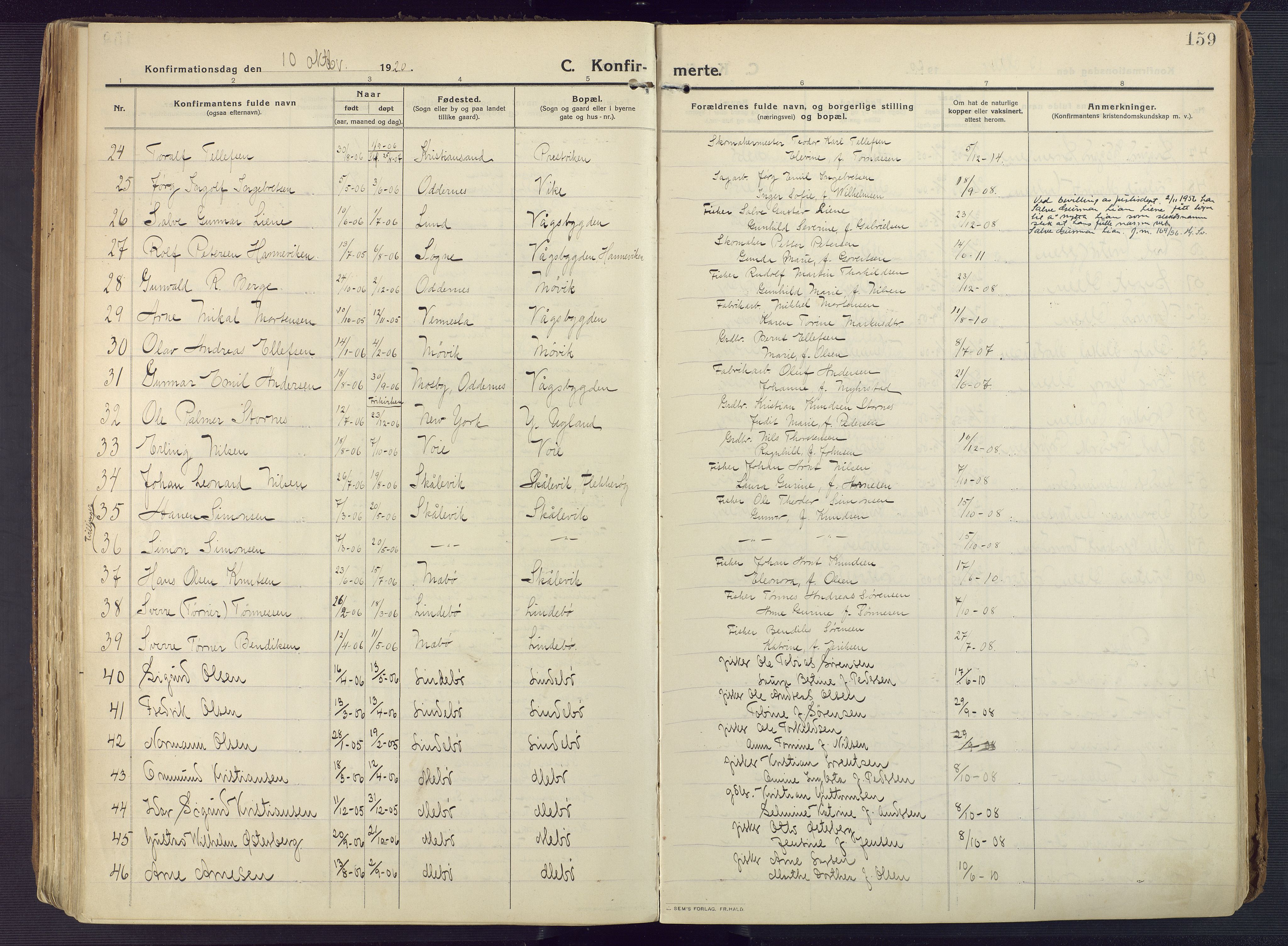 Oddernes sokneprestkontor, AV/SAK-1111-0033/F/Fa/Faa/L0012: Parish register (official) no. A 12, 1912-1925, p. 159