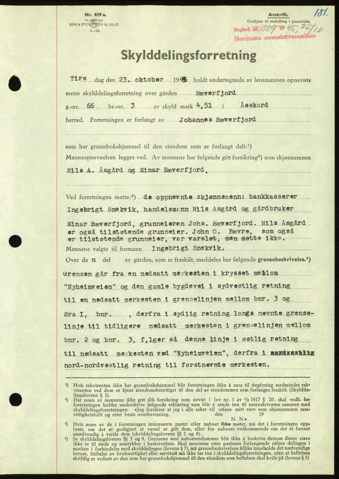 Nordmøre sorenskriveri, AV/SAT-A-4132/1/2/2Ca: Mortgage book no. A100a, 1945-1945, Diary no: : 1339/1945