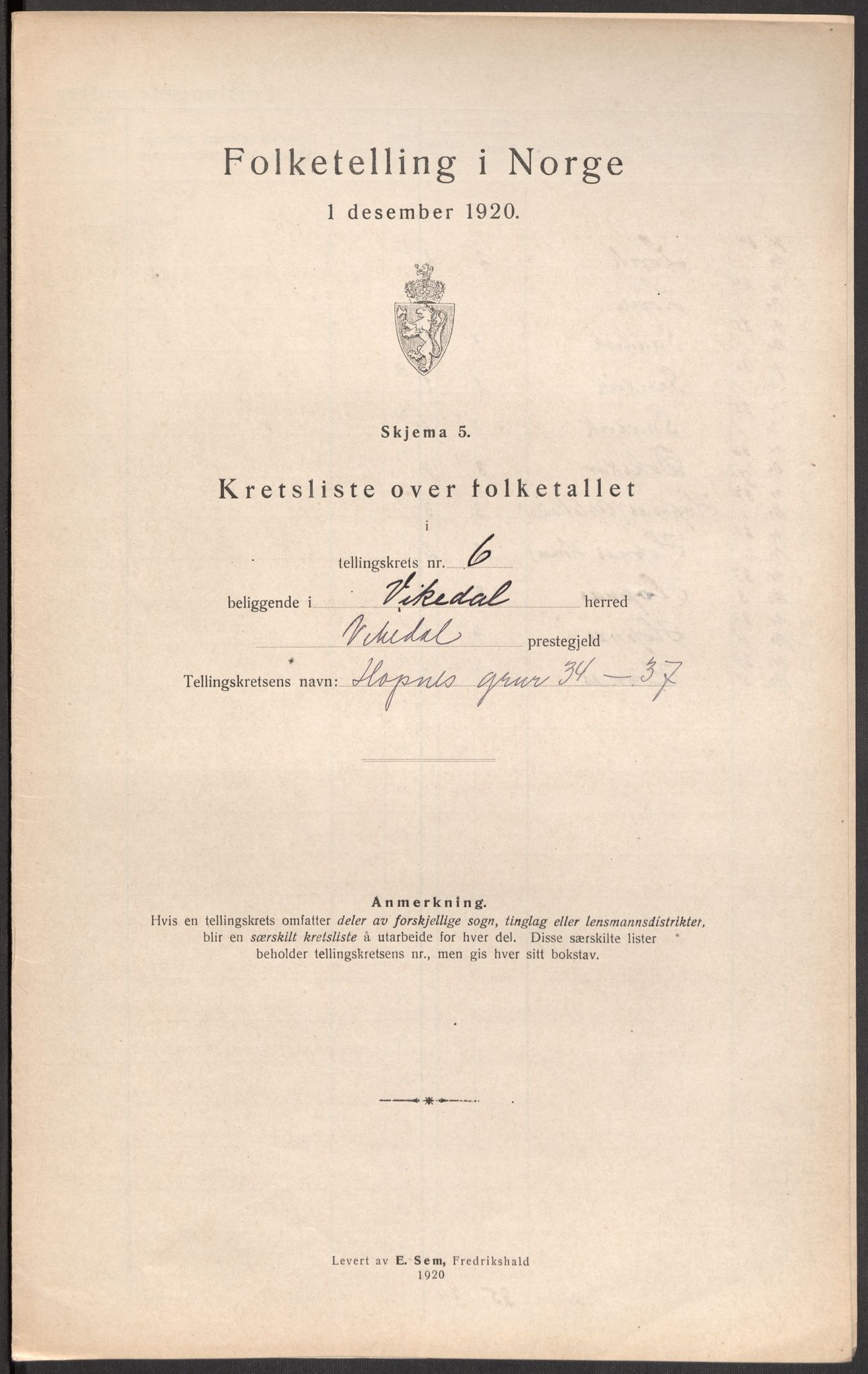 SAST, 1920 census for Vikedal, 1920, p. 87