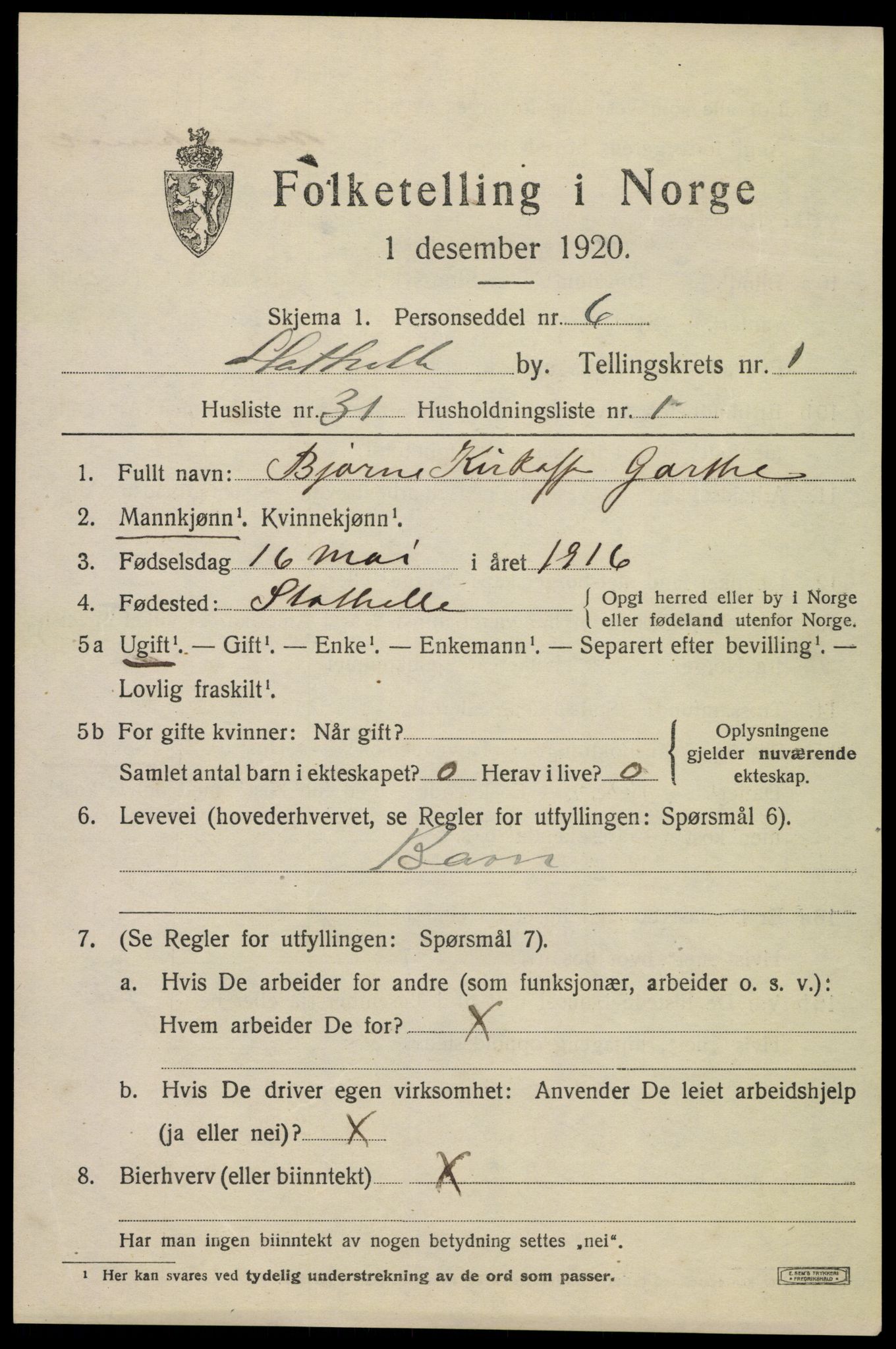 SAKO, 1920 census for Stathelle, 1920, p. 817