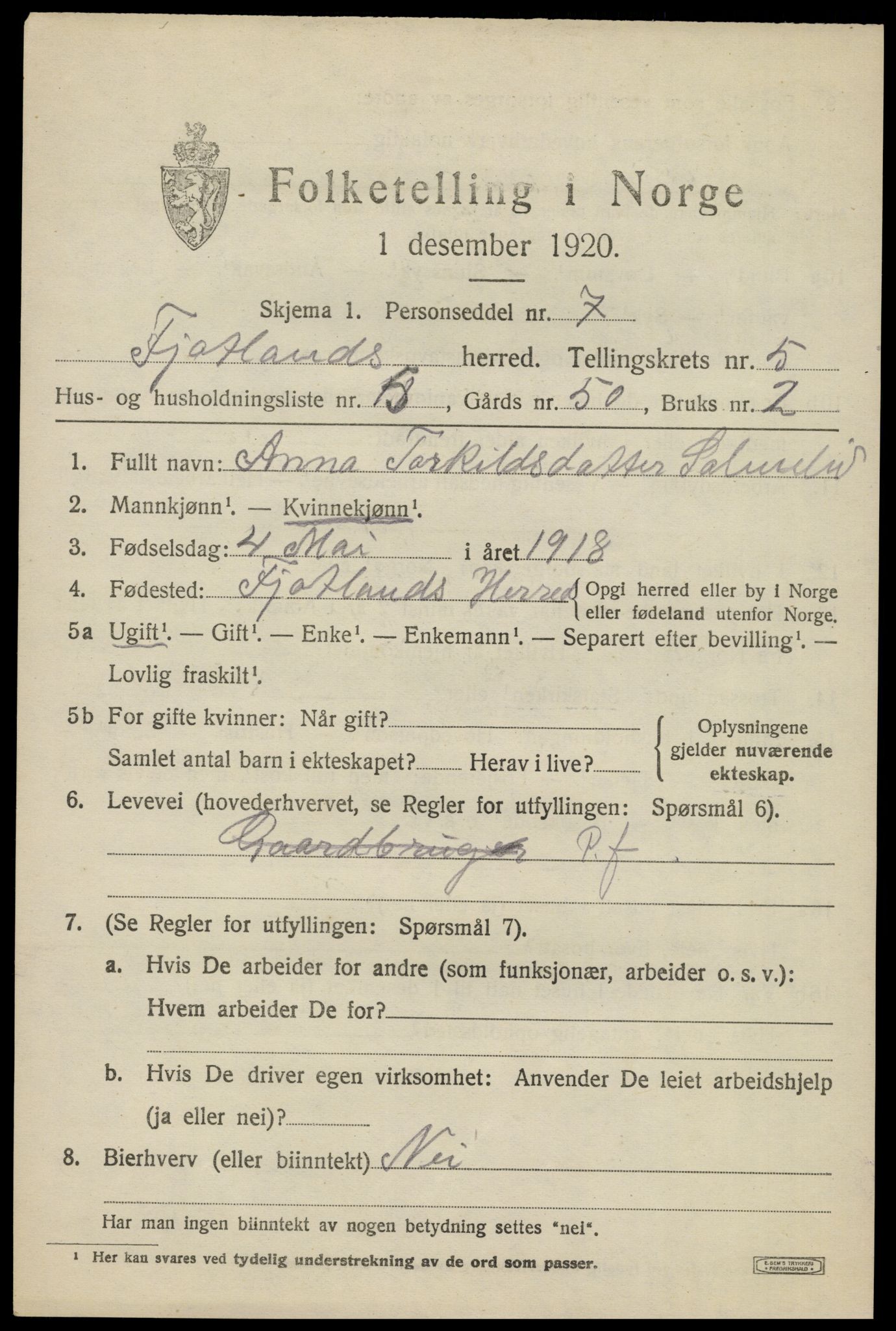 SAK, 1920 census for Fjotland, 1920, p. 1584