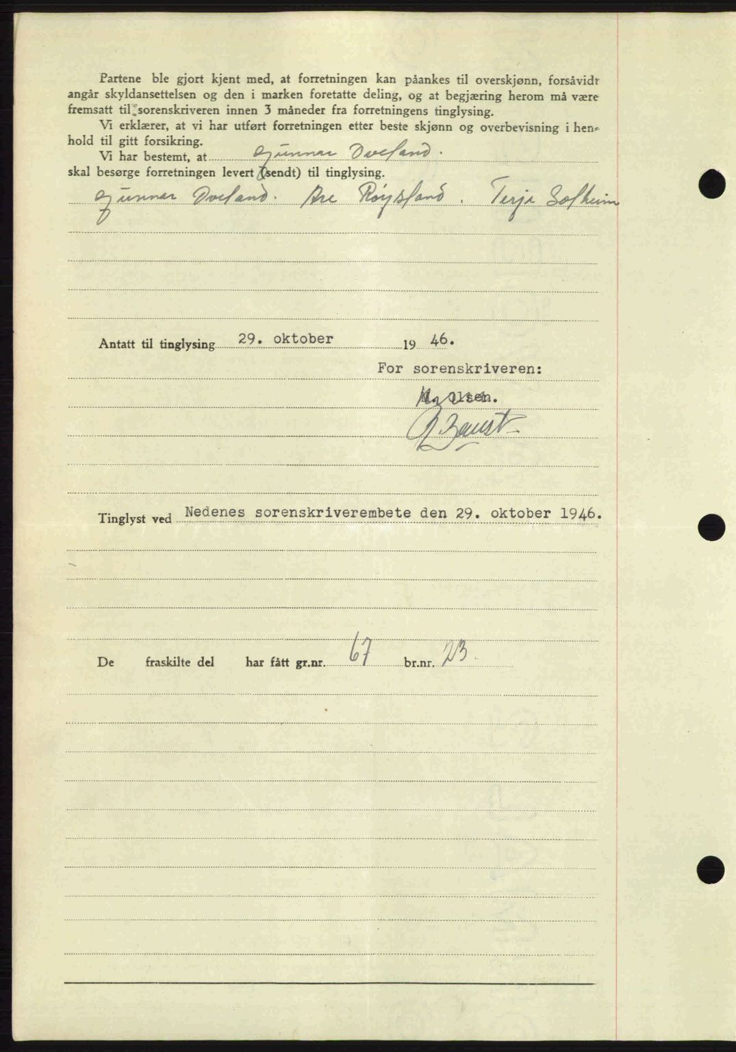 Nedenes sorenskriveri, AV/SAK-1221-0006/G/Gb/Gba/L0056: Mortgage book no. A8, 1946-1947, Diary no: : 1424/1946