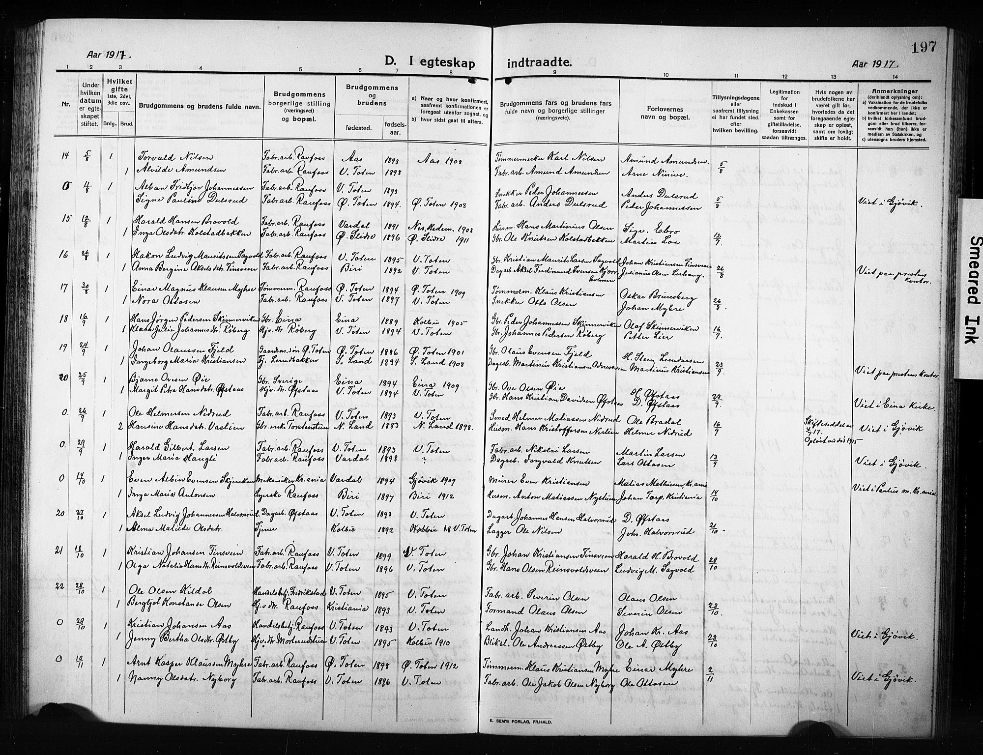 Vestre Toten prestekontor, AV/SAH-PREST-108/H/Ha/Hab/L0012: Parish register (copy) no. 12, 1909-1928, p. 197