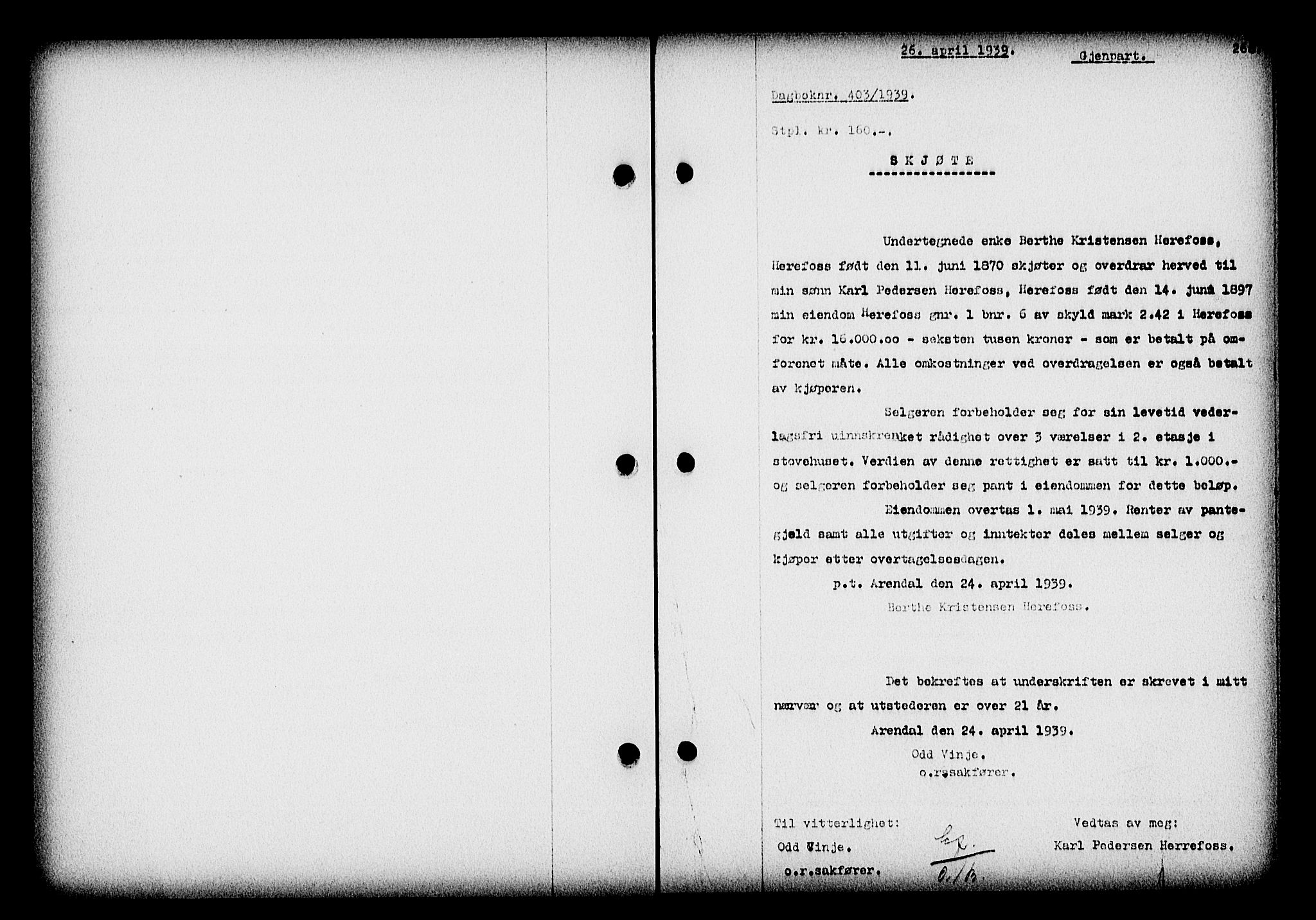 Nedenes sorenskriveri, SAK/1221-0006/G/Gb/Gba/L0046: Mortgage book no. 42, 1938-1939, Diary no: : 403/1939