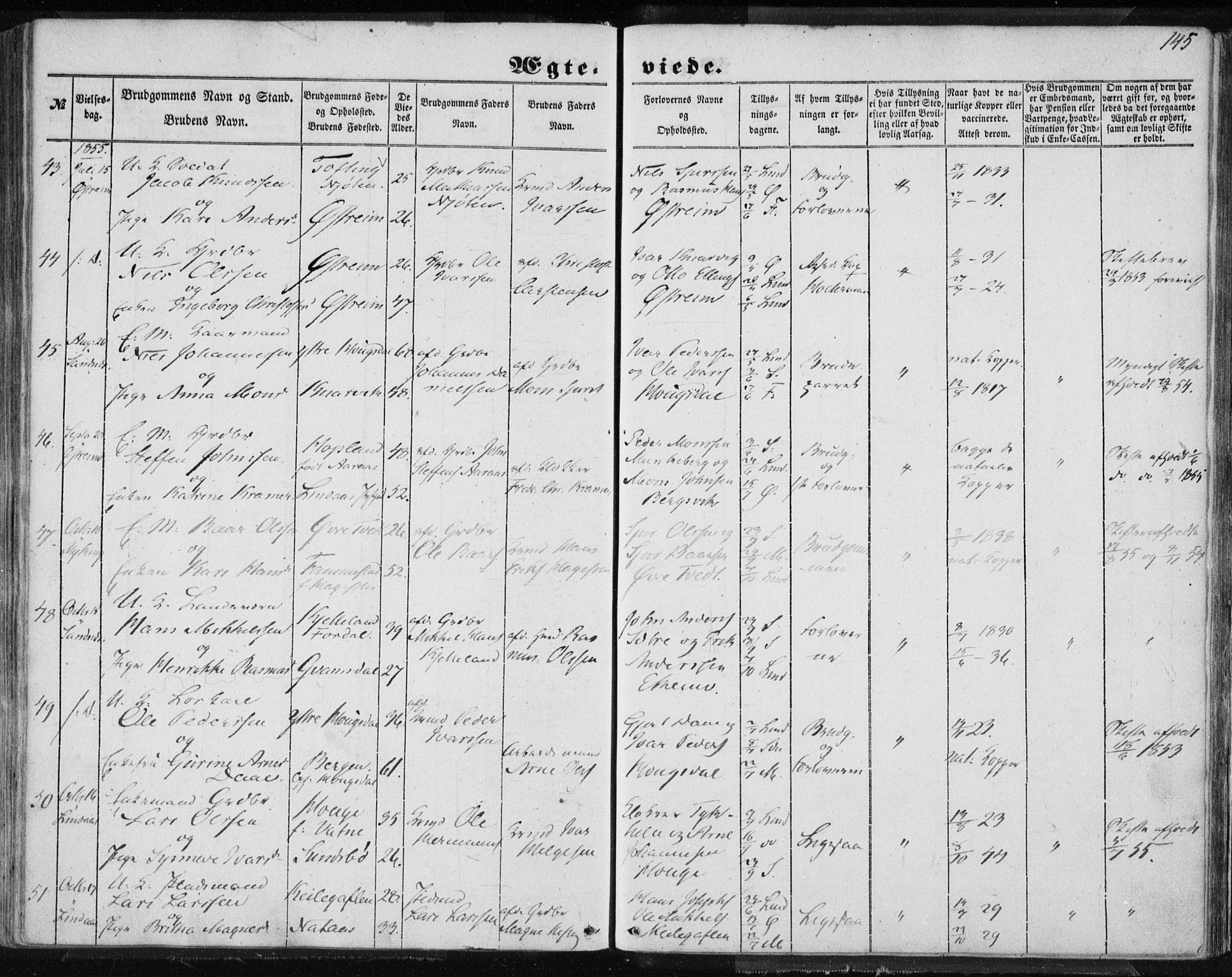 Lindås Sokneprestembete, SAB/A-76701/H/Haa: Parish register (official) no. A 13, 1848-1862, p. 145