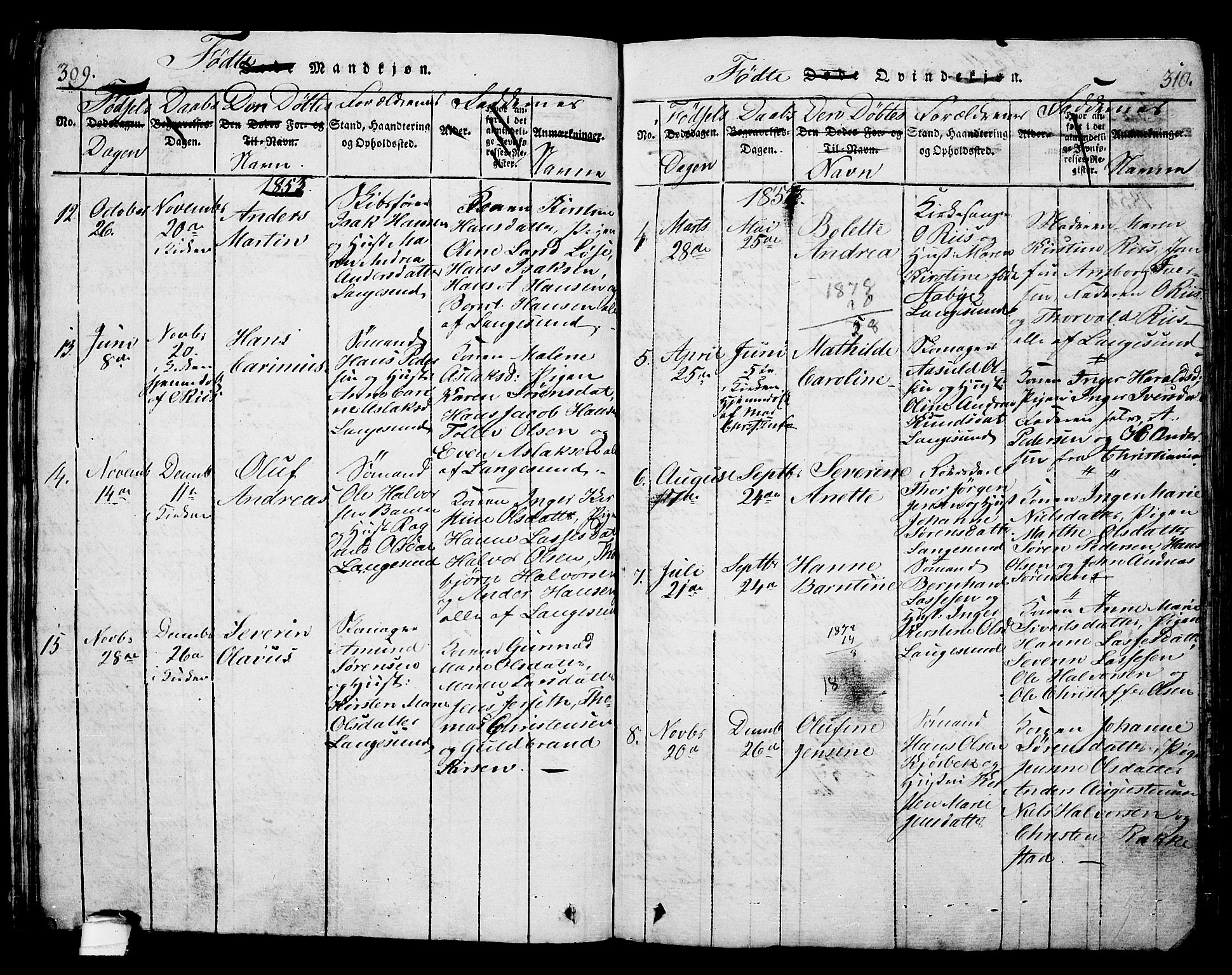 Langesund kirkebøker, SAKO/A-280/G/Ga/L0003: Parish register (copy) no. 3, 1815-1858, p. 309-310