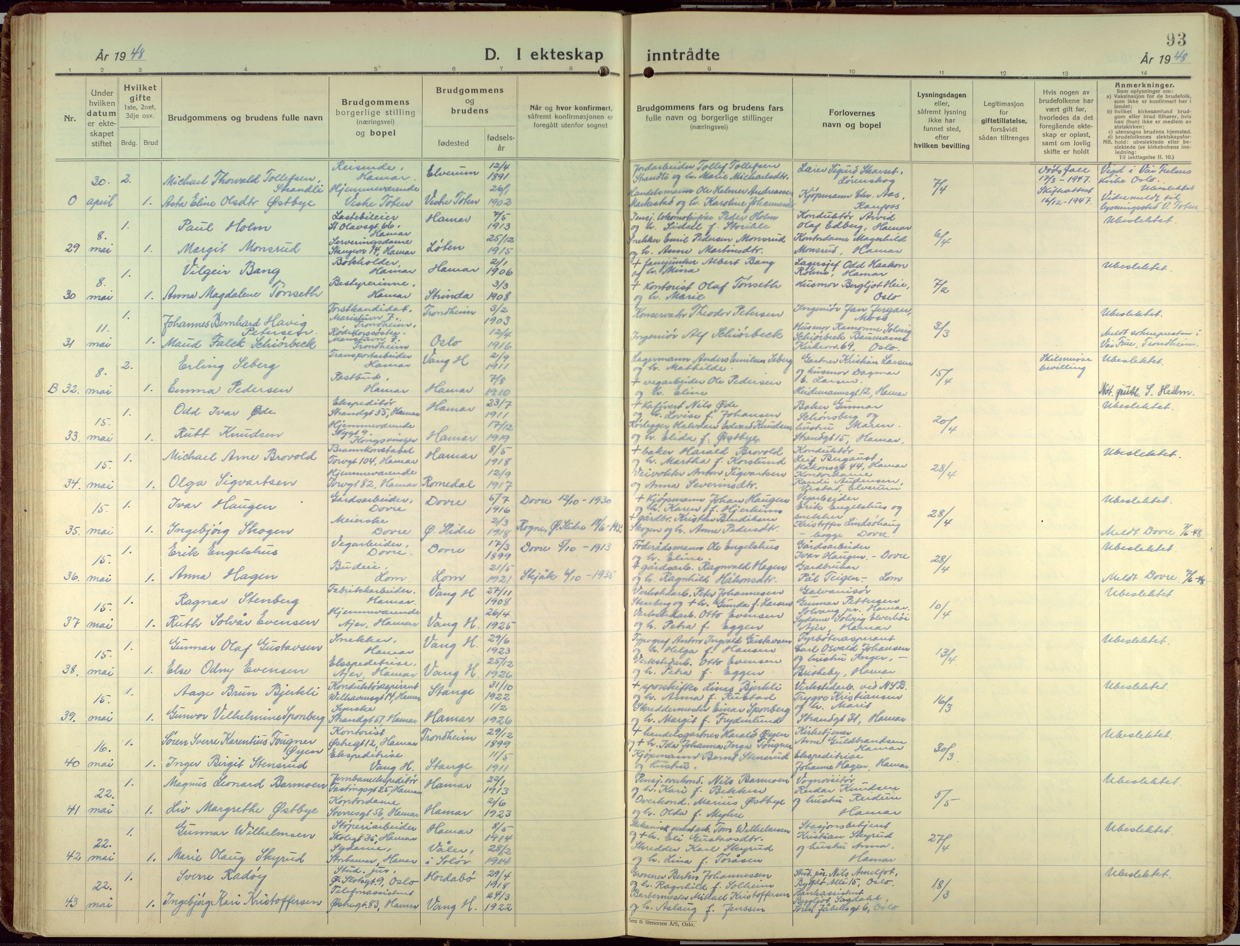 Hamar prestekontor, AV/SAH-DOMPH-002/H/Ha/Haa/L0006: Parish register (official) no. 6, 1931-1953, p. 93