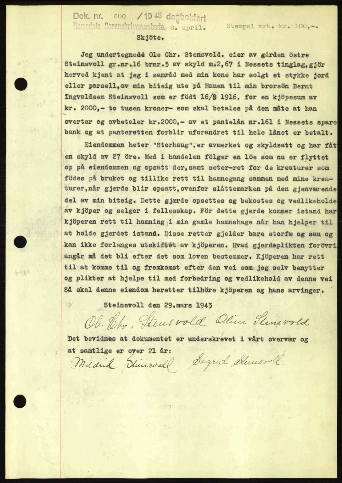 Romsdal sorenskriveri, AV/SAT-A-4149/1/2/2C: Mortgage book no. A14, 1943-1943, Diary no: : 680/1943