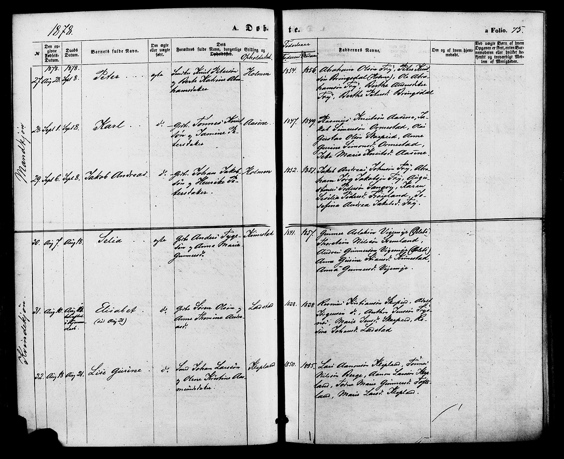 Søgne sokneprestkontor, AV/SAK-1111-0037/F/Fa/Fab/L0011: Parish register (official) no. A 11, 1869-1879, p. 75