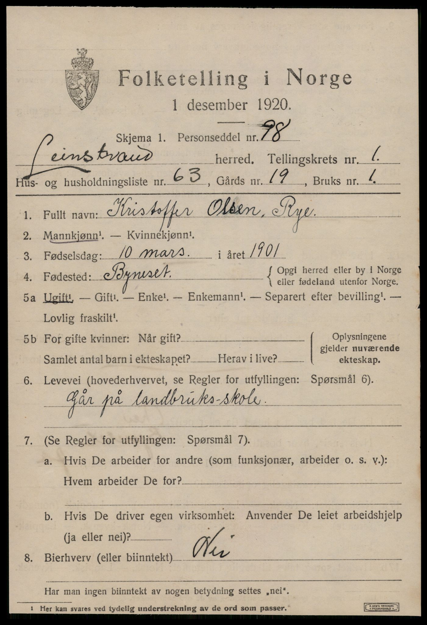 SAT, 1920 census for Leinstrand, 1920, p. 1561