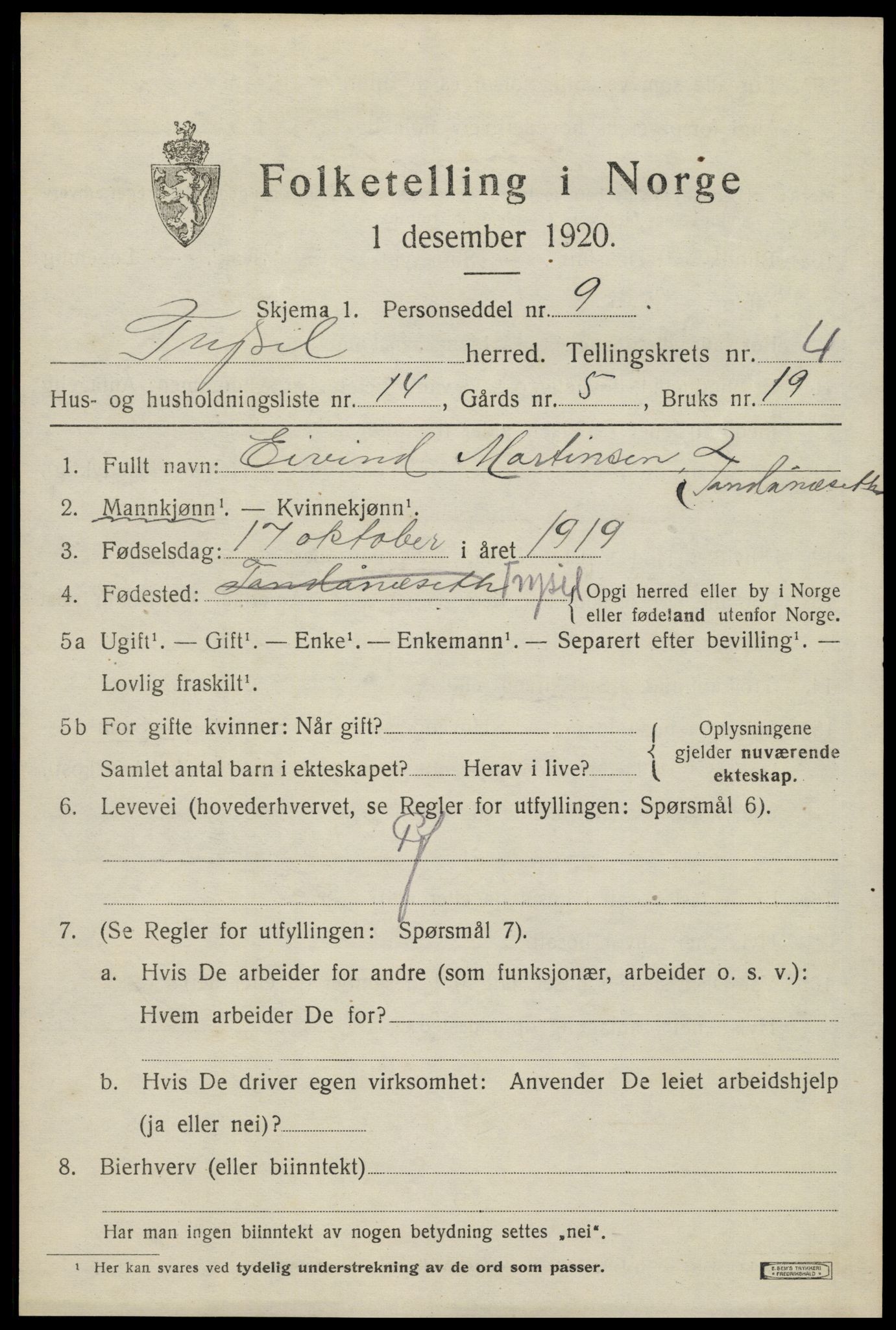 SAH, 1920 census for Trysil, 1920, p. 4279