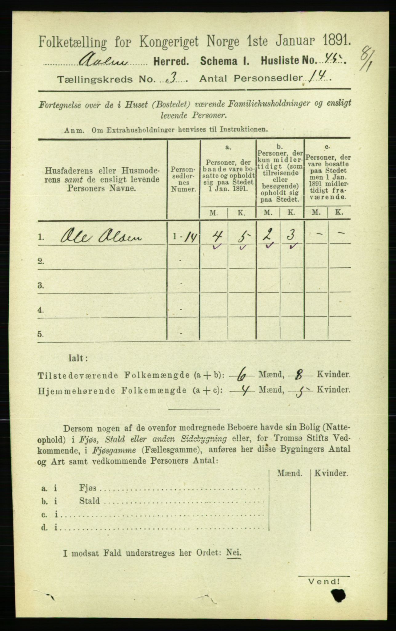 RA, 1891 census for 1644 Ålen, 1891, p. 730