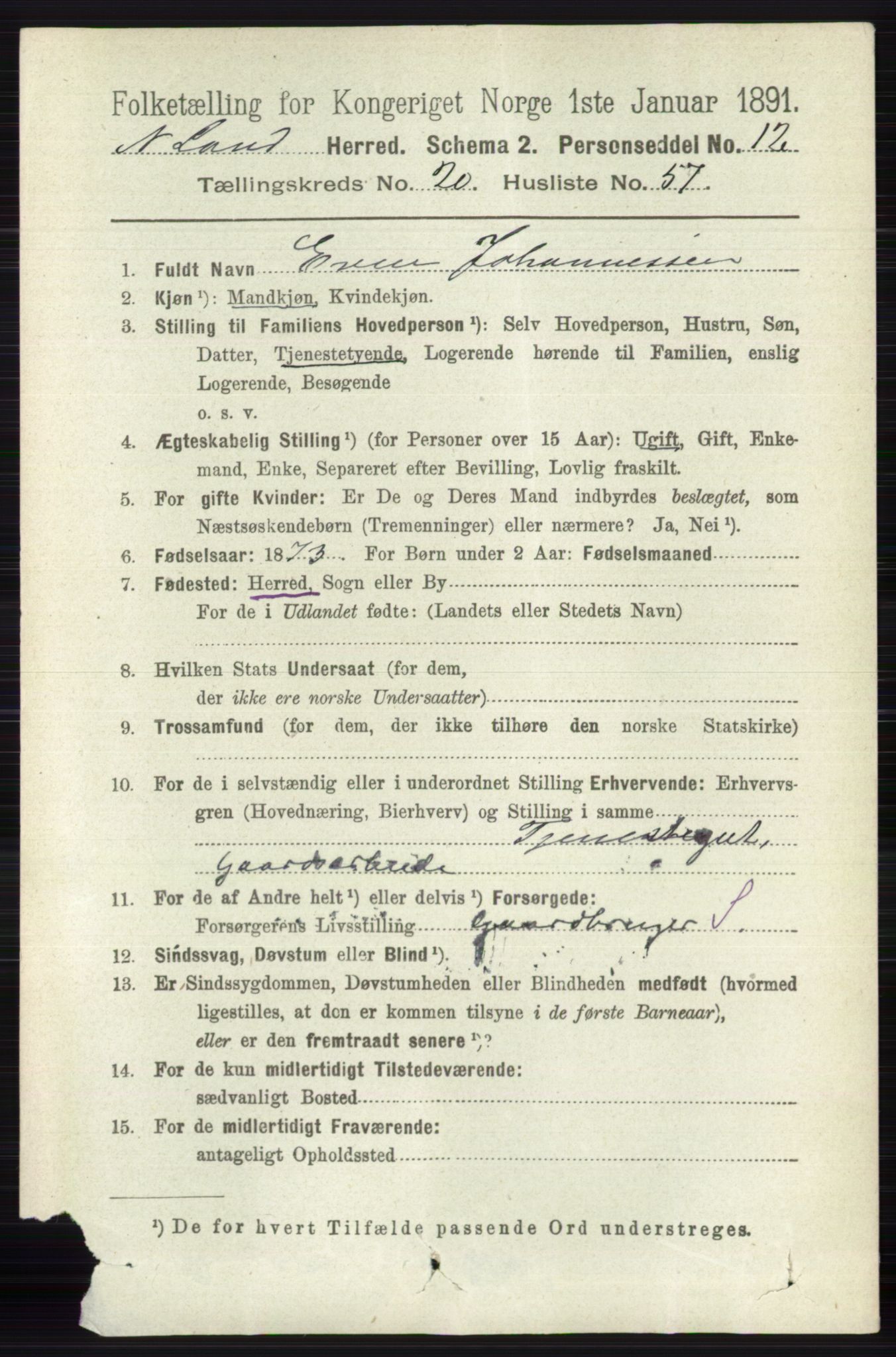 RA, 1891 census for 0538 Nordre Land, 1891, p. 5218