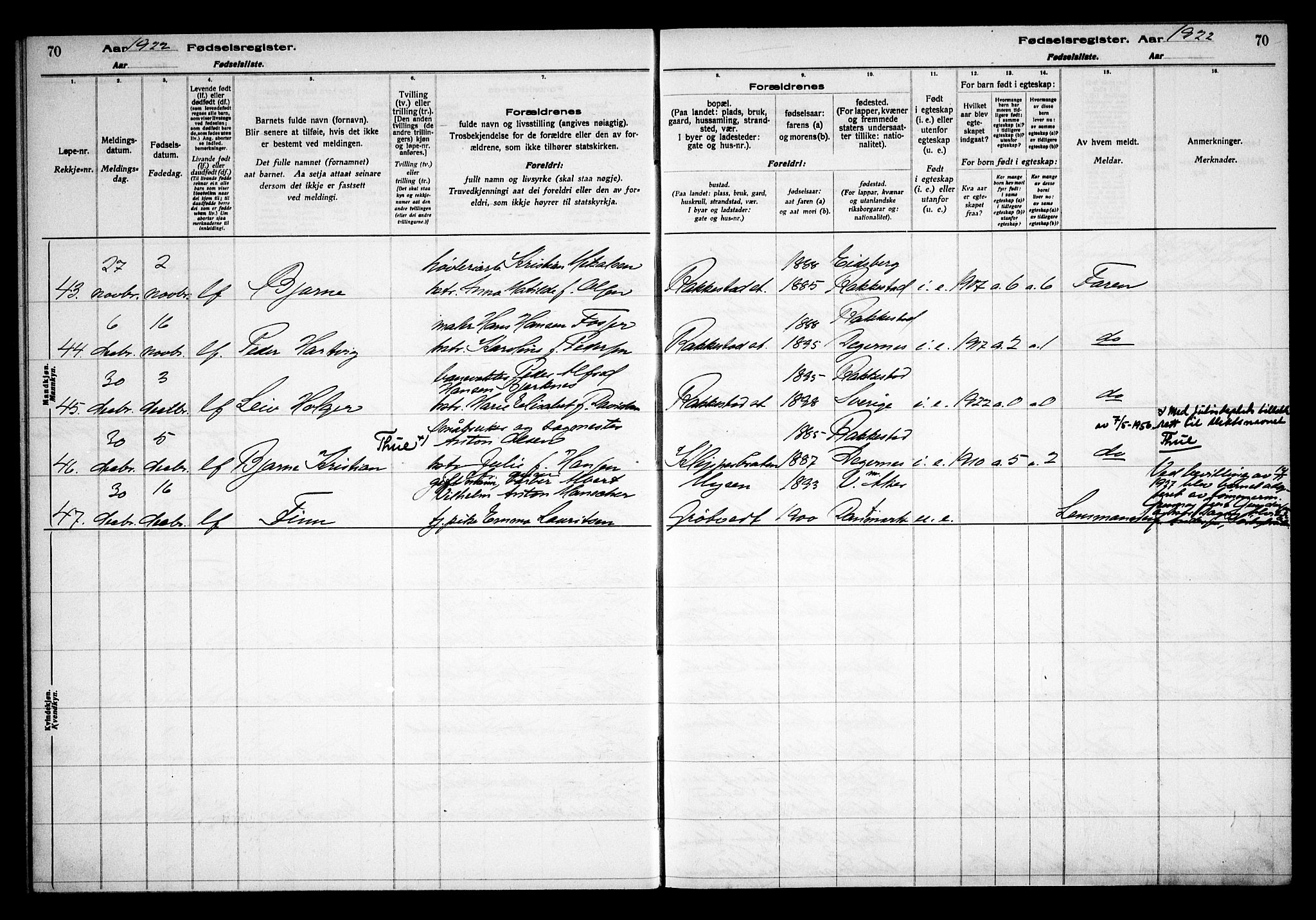 Rakkestad prestekontor Kirkebøker, AV/SAO-A-2008/J/Ja/L0001: Birth register no. I 1, 1916-1936, p. 70