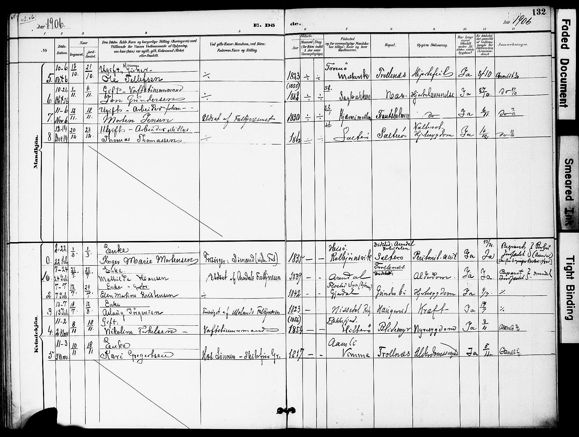 Austre Moland sokneprestkontor, AV/SAK-1111-0001/F/Fa/Fab/L0002: Parish register (official) no. A 2, 1894-1919, p. 132