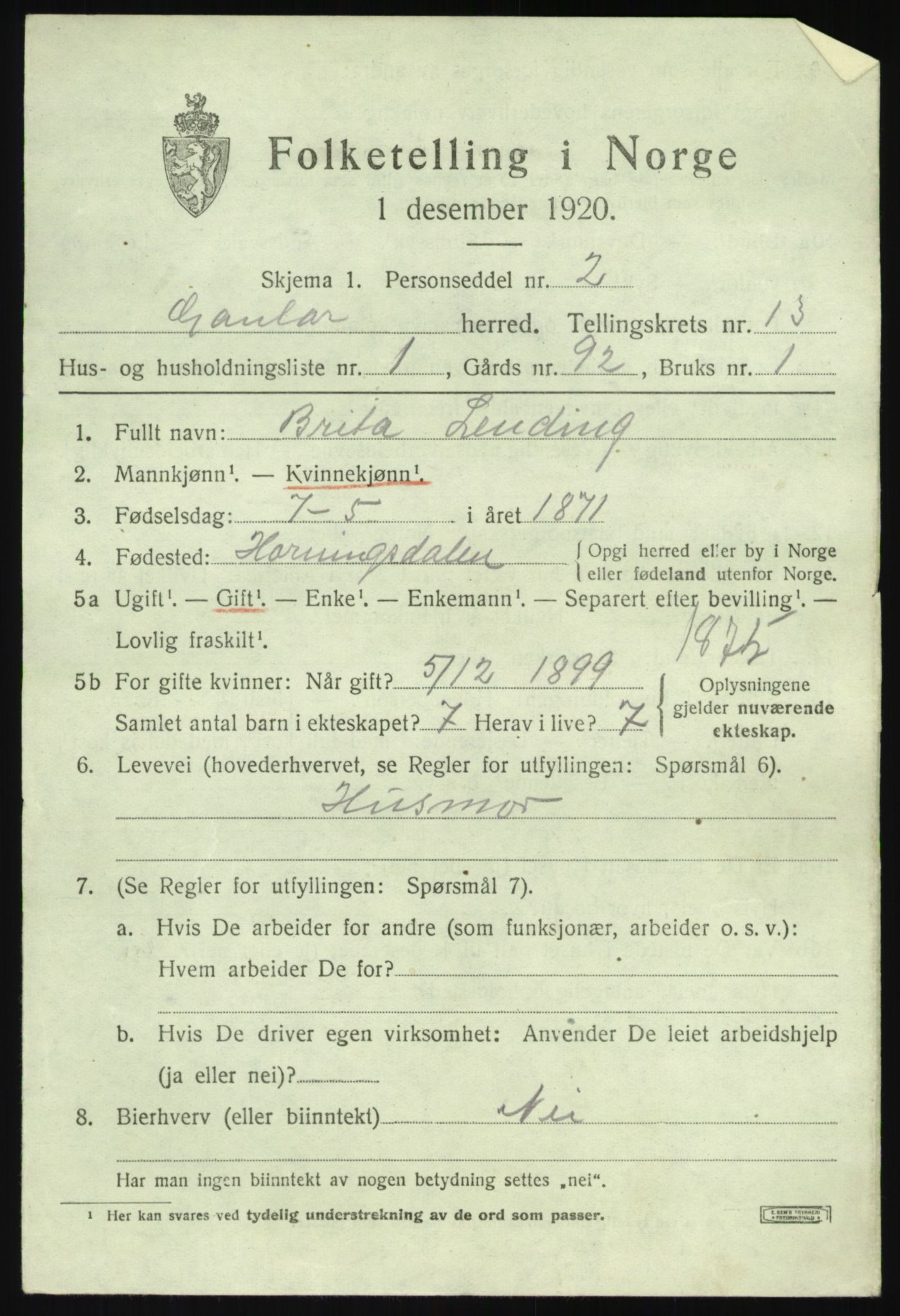 SAB, 1920 census for Gaular, 1920, p. 5936