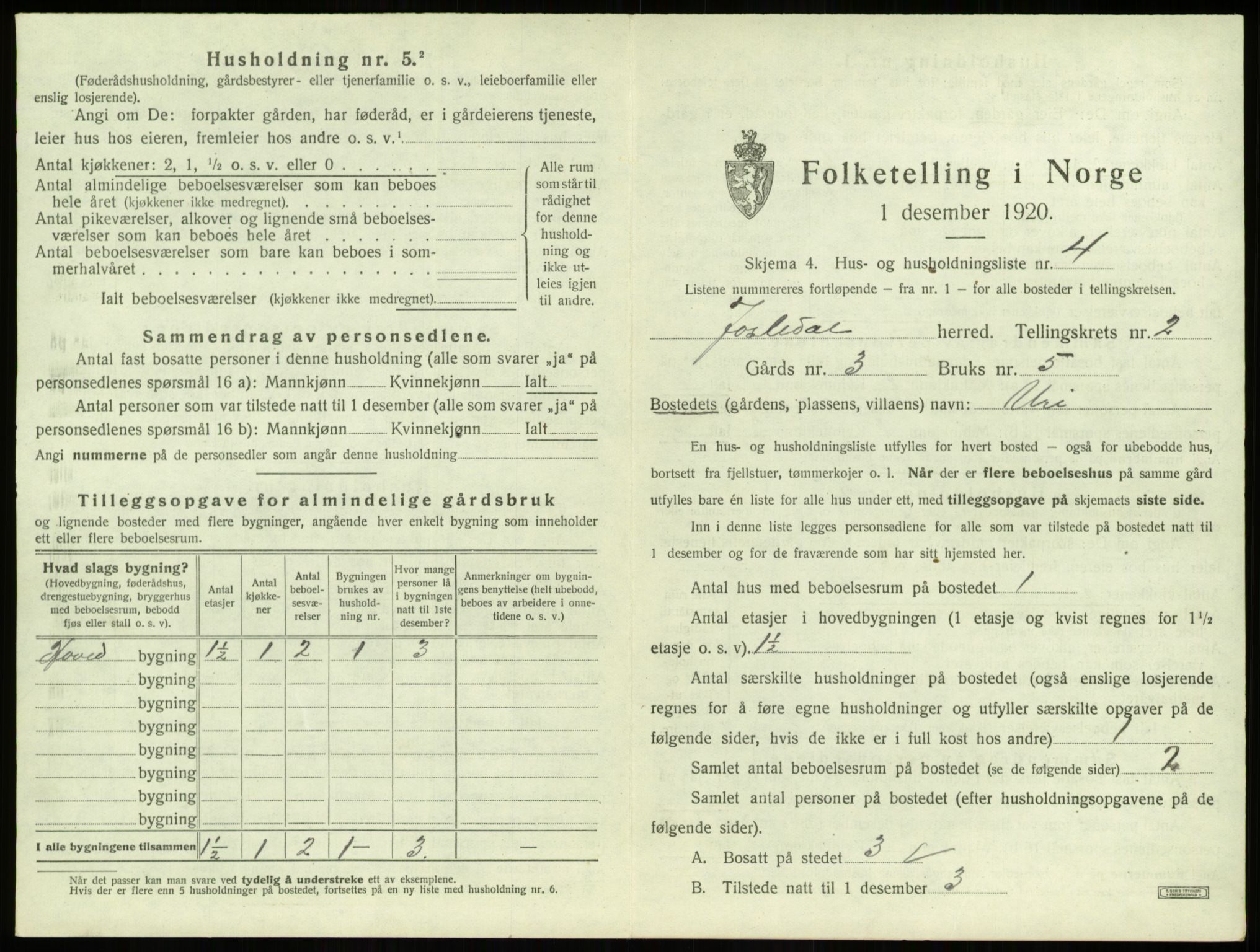 SAB, 1920 census for Jostedal, 1920, p. 63