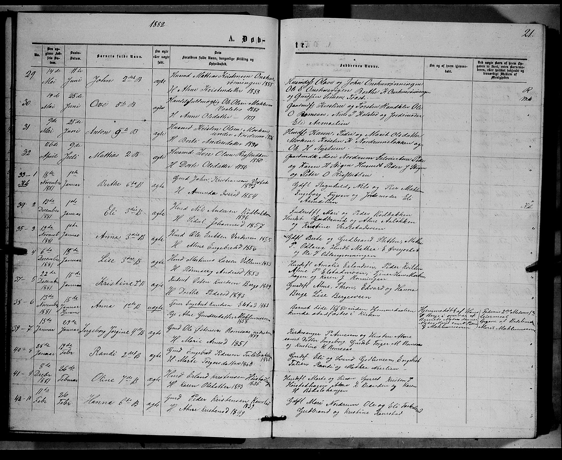 Ringebu prestekontor, AV/SAH-PREST-082/H/Ha/Hab/L0006: Parish register (copy) no. 6, 1880-1898, p. 21