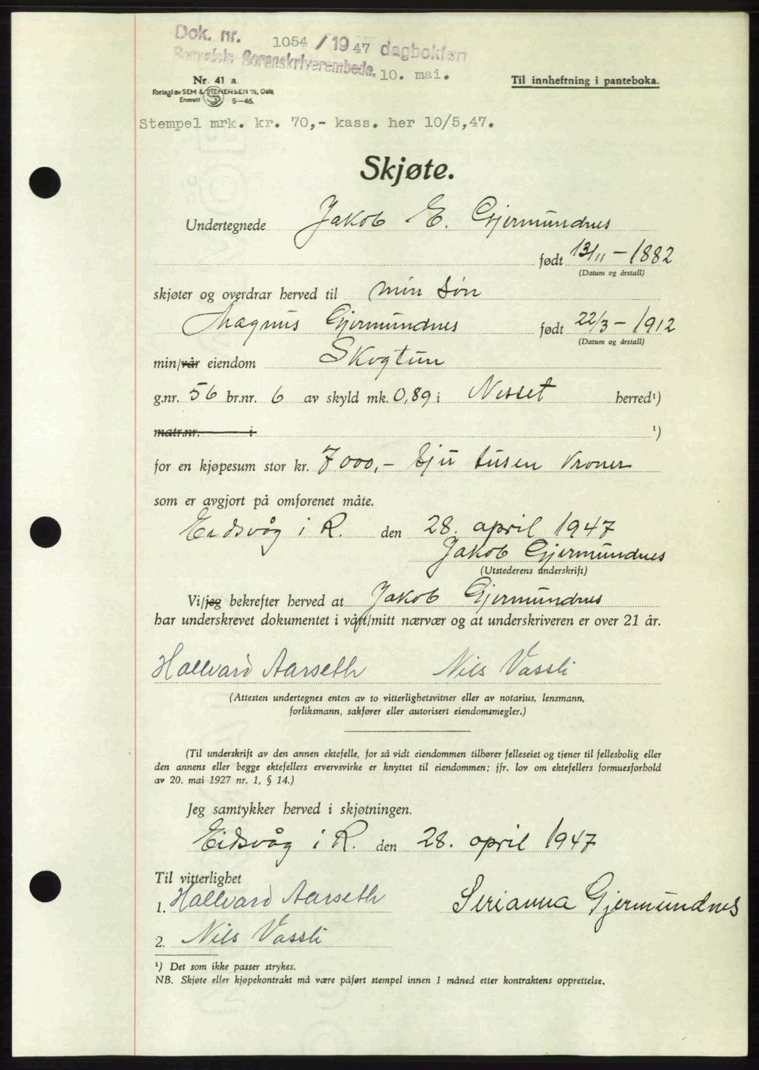 Romsdal sorenskriveri, AV/SAT-A-4149/1/2/2C: Mortgage book no. A23, 1947-1947, Diary no: : 1054/1947