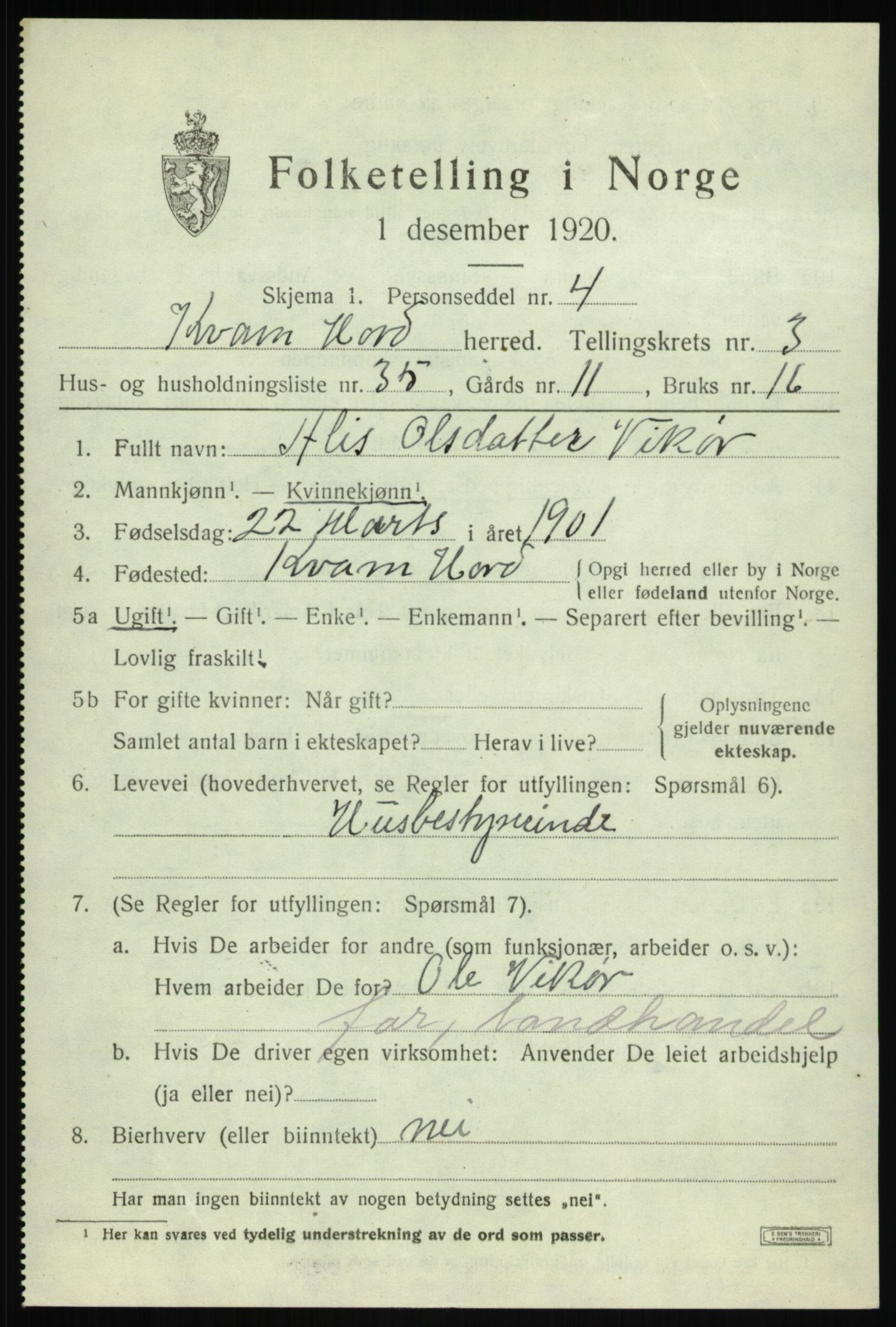 SAB, 1920 census for Kvam, 1920, p. 2957