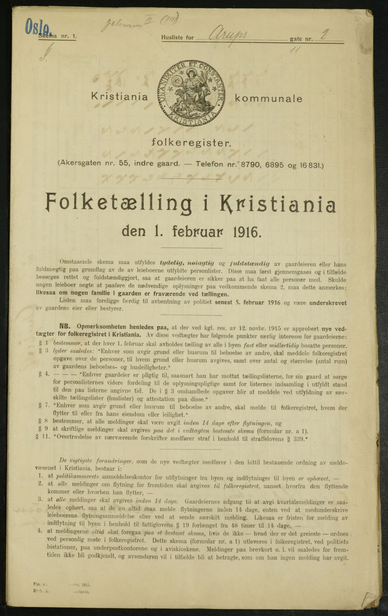 OBA, Municipal Census 1916 for Kristiania, 1916, p. 2243