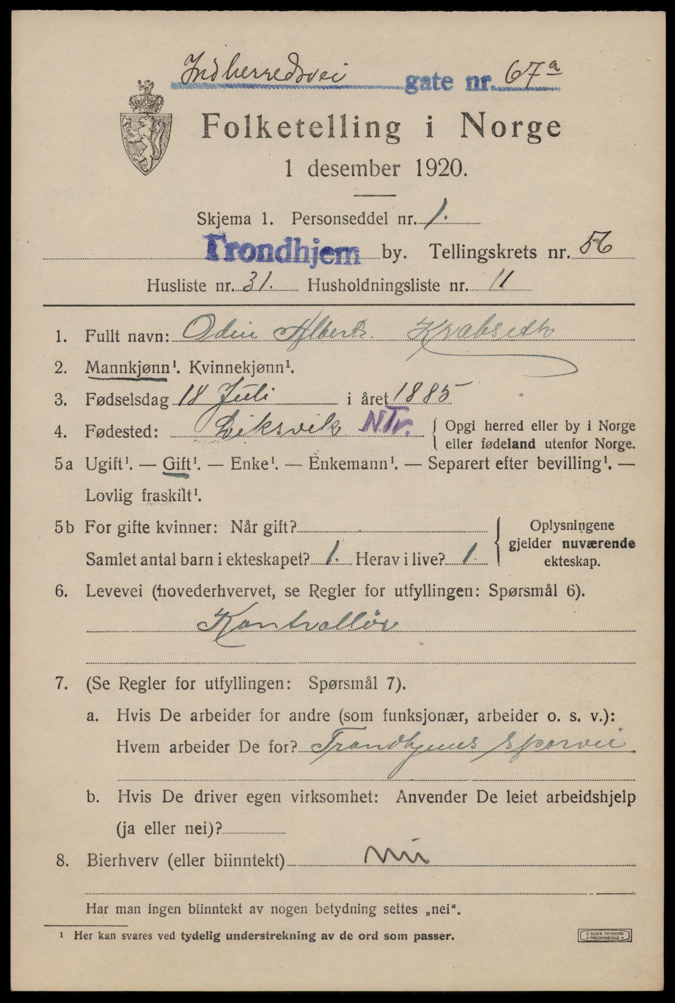 SAT, 1920 census for Trondheim, 1920, p. 115104