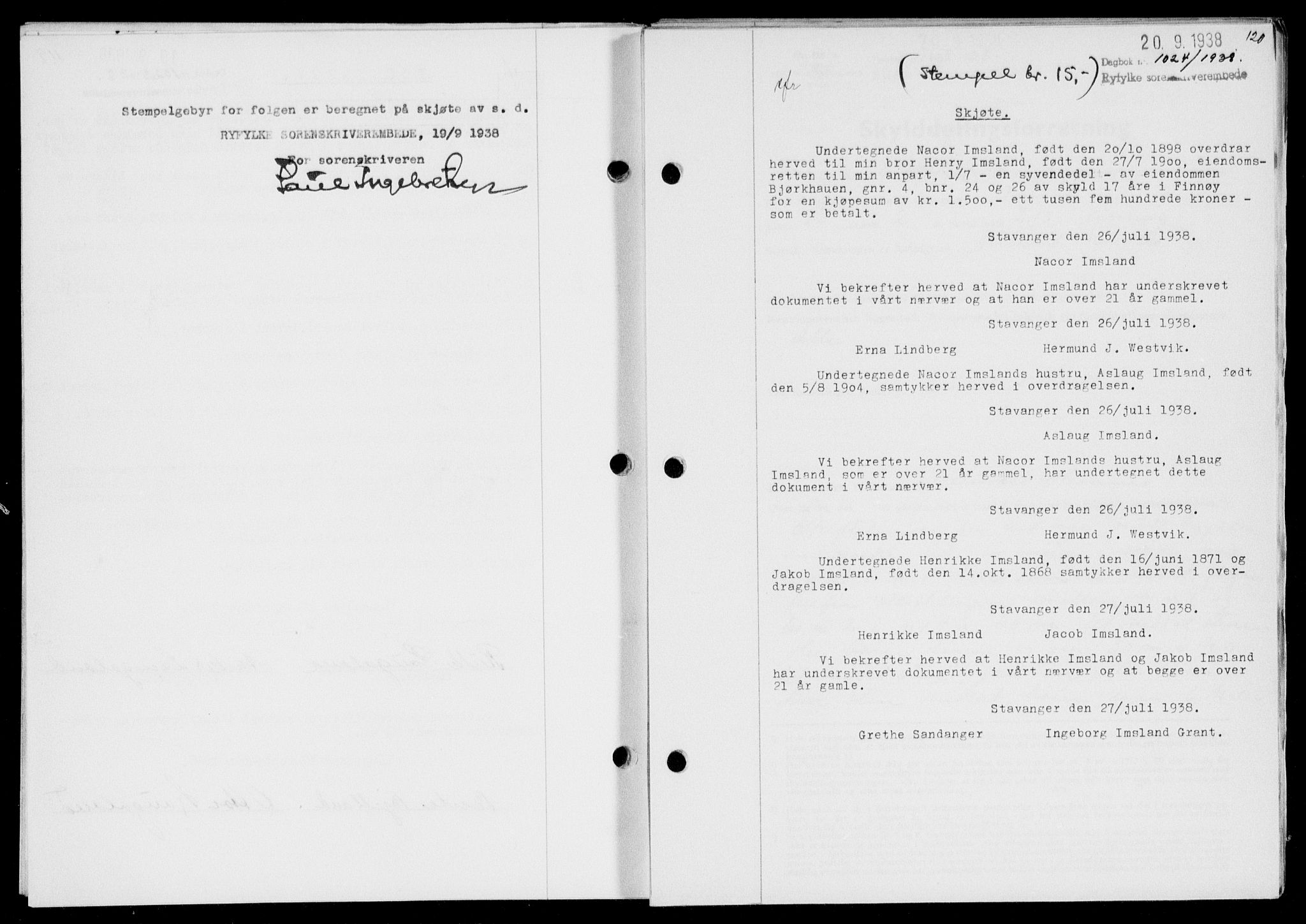 Ryfylke tingrett, SAST/A-100055/001/II/IIB/L0078: Mortgage book no. 57, 1938-1938, Diary no: : 1024/1938