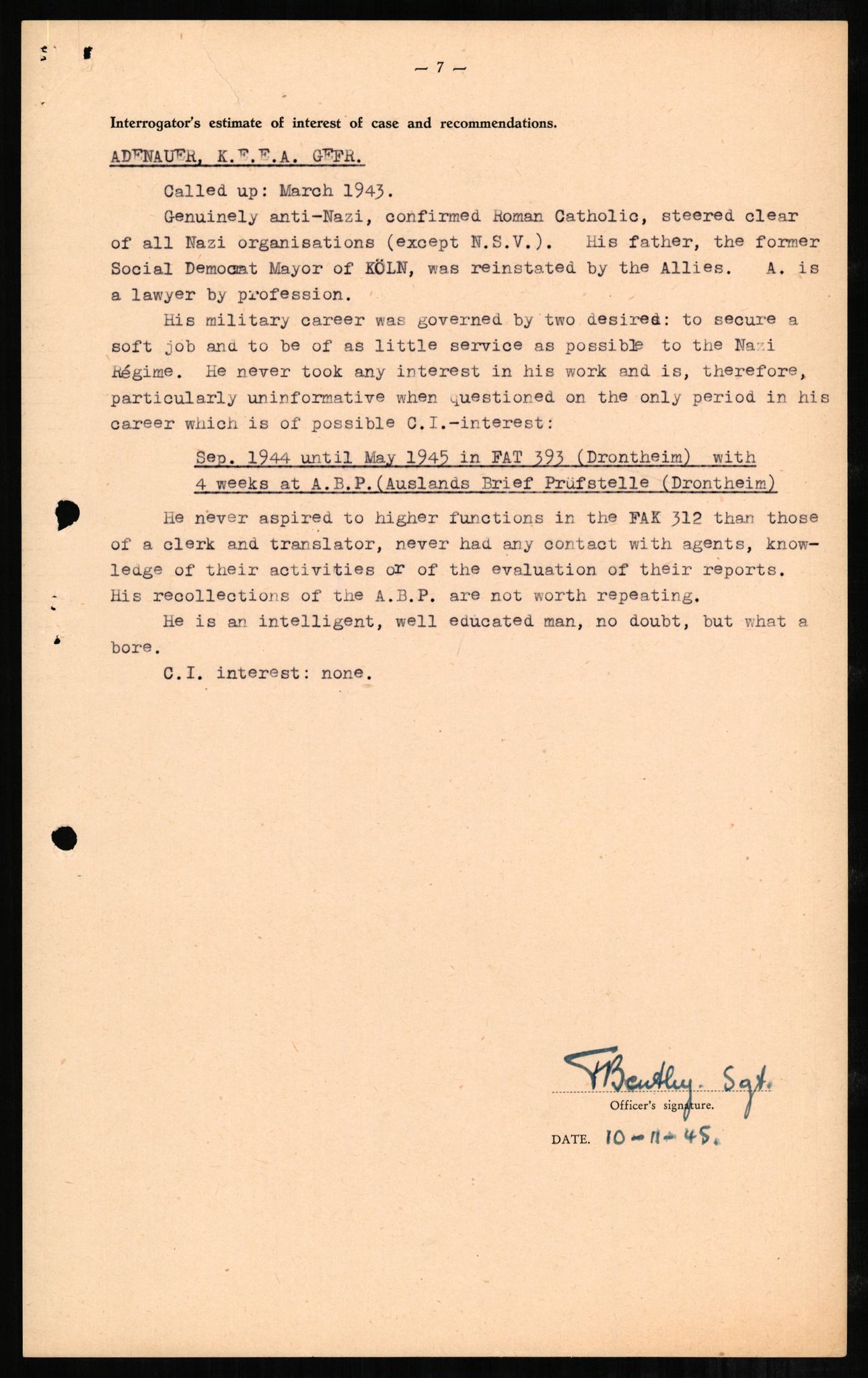 Forsvaret, Forsvarets overkommando II, AV/RA-RAFA-3915/D/Db/L0001: CI Questionaires. Tyske okkupasjonsstyrker i Norge. Tyskere., 1945-1946, p. 103