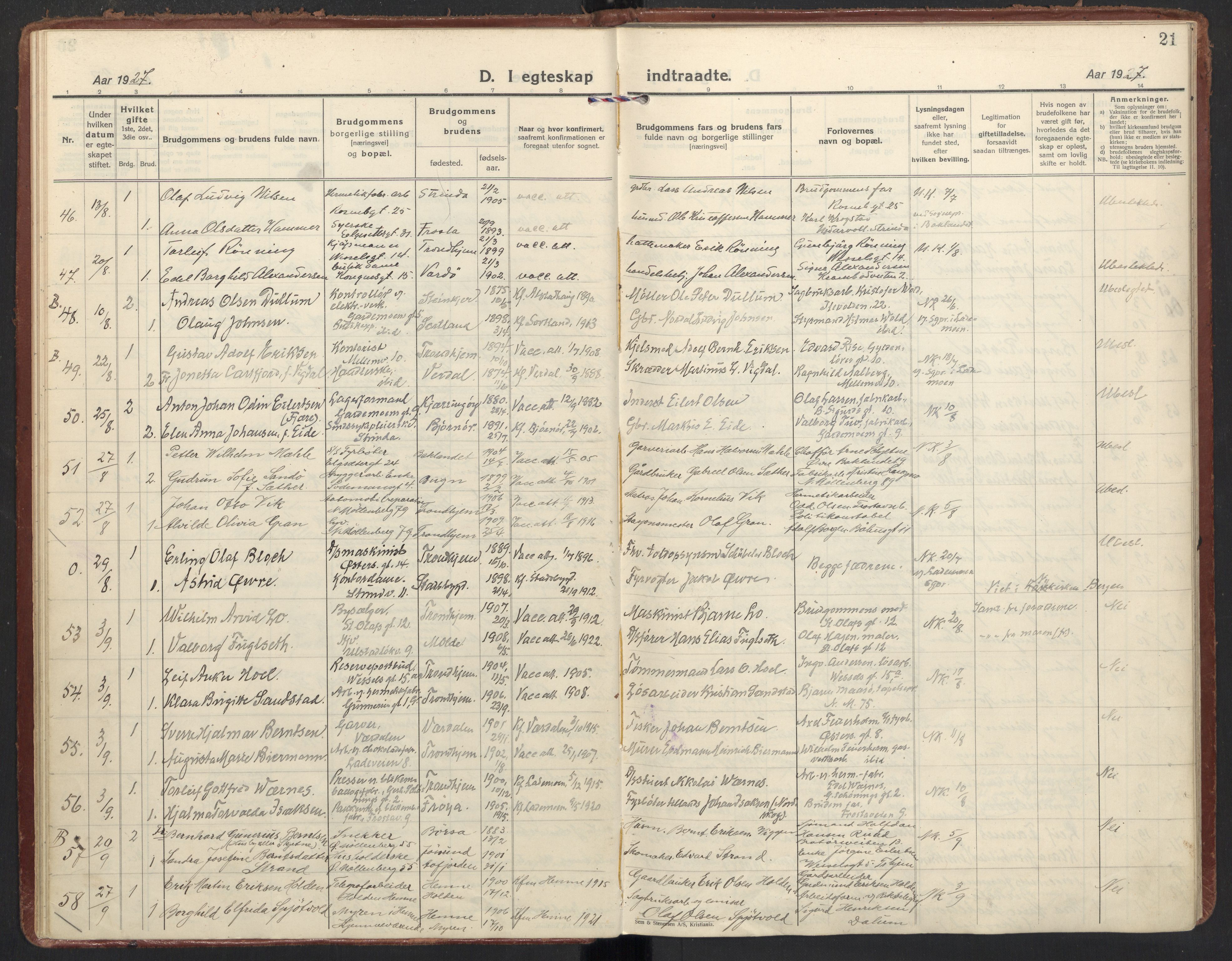 Ministerialprotokoller, klokkerbøker og fødselsregistre - Sør-Trøndelag, SAT/A-1456/605/L0249: Parish register (official) no. 605A11, 1925-1936, p. 21