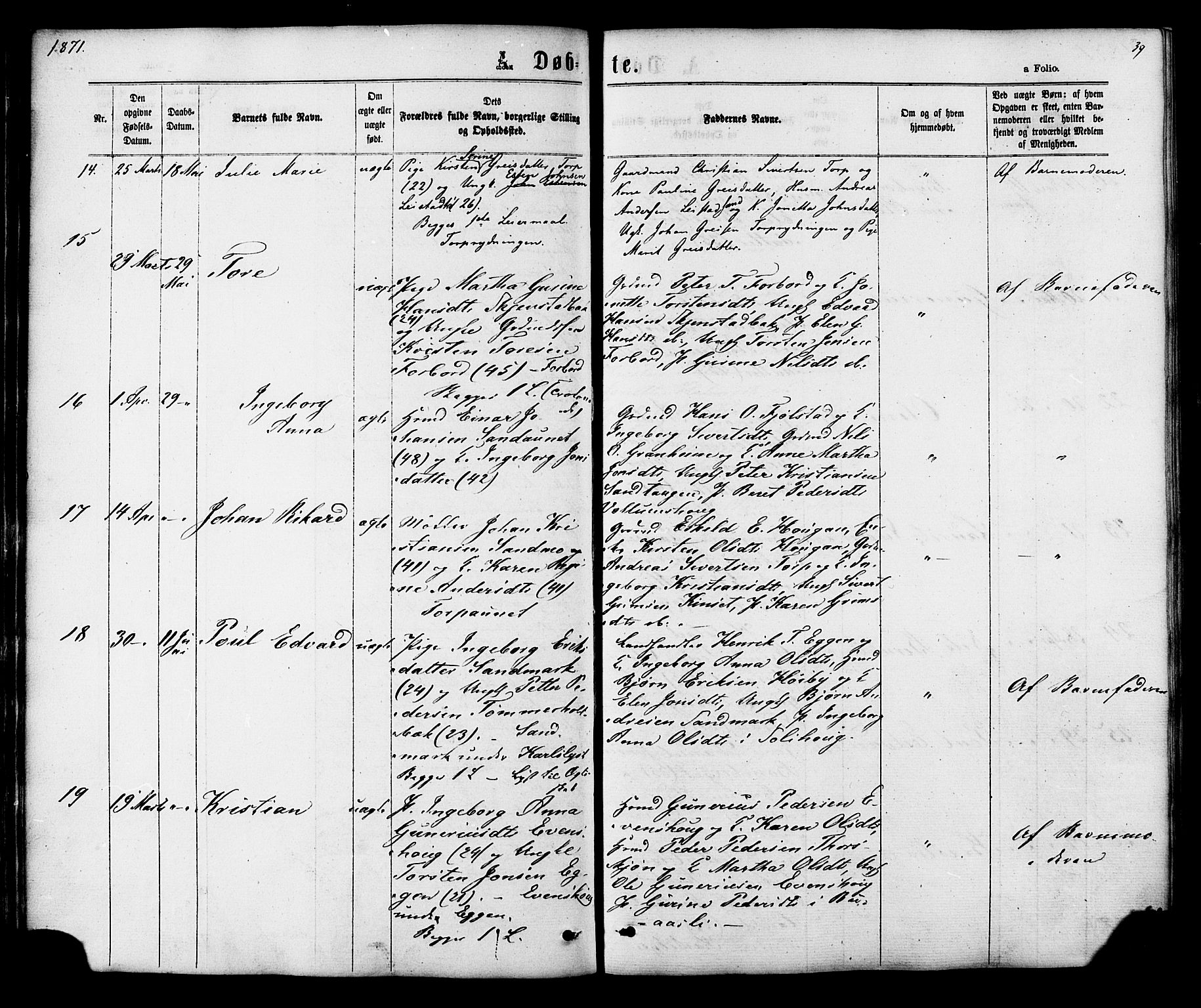 Ministerialprotokoller, klokkerbøker og fødselsregistre - Sør-Trøndelag, SAT/A-1456/616/L0409: Parish register (official) no. 616A06, 1865-1877, p. 39
