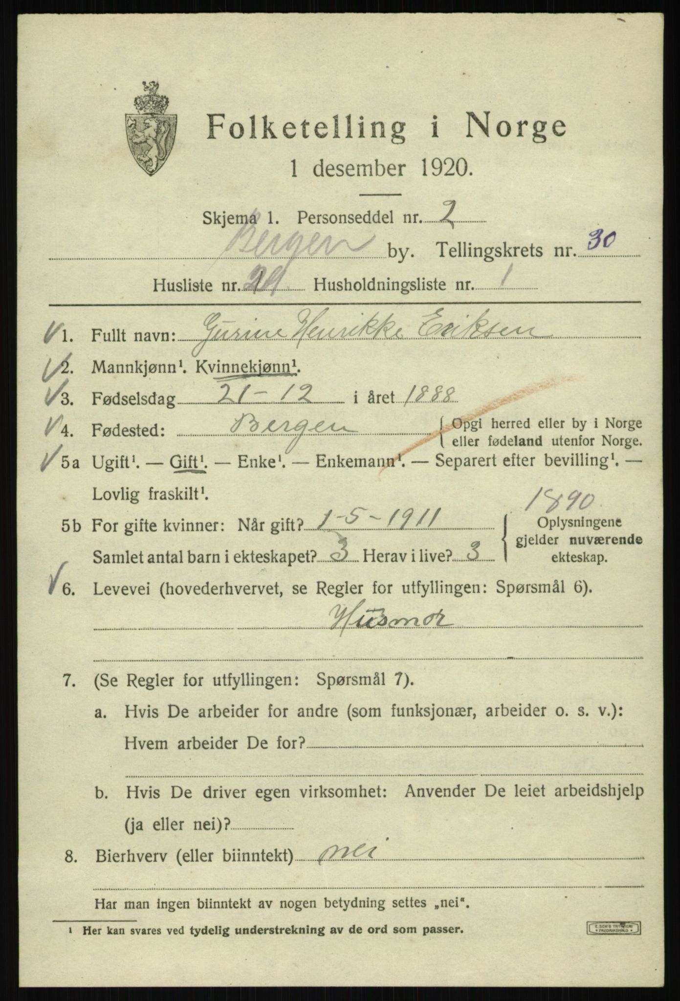 SAB, 1920 census for Bergen, 1920, p. 95832