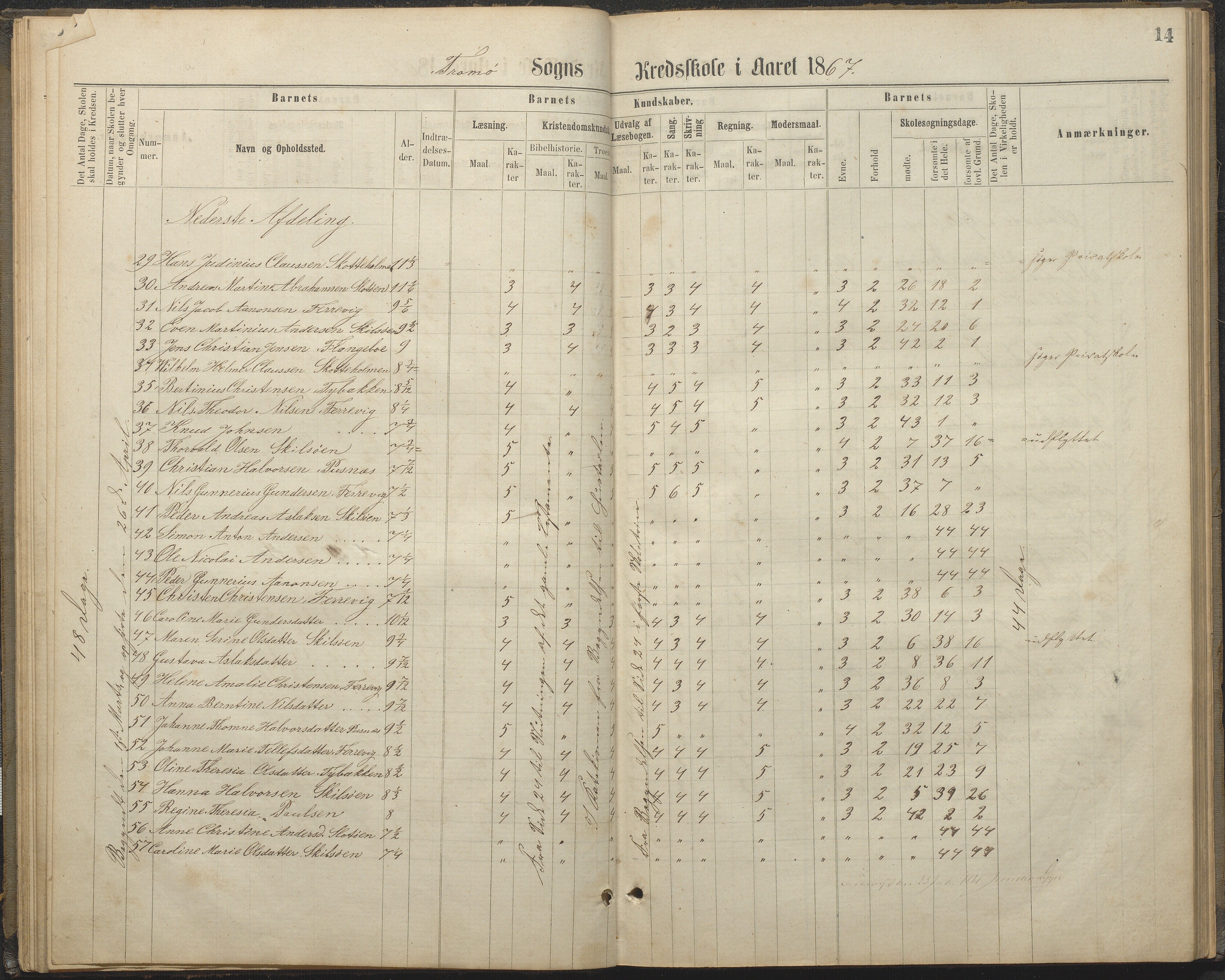 Tromøy kommune frem til 1971, AAKS/KA0921-PK/04/L0032: Færvik (Roligheden) - Karakterprotokoll, 1864-1889, p. 14