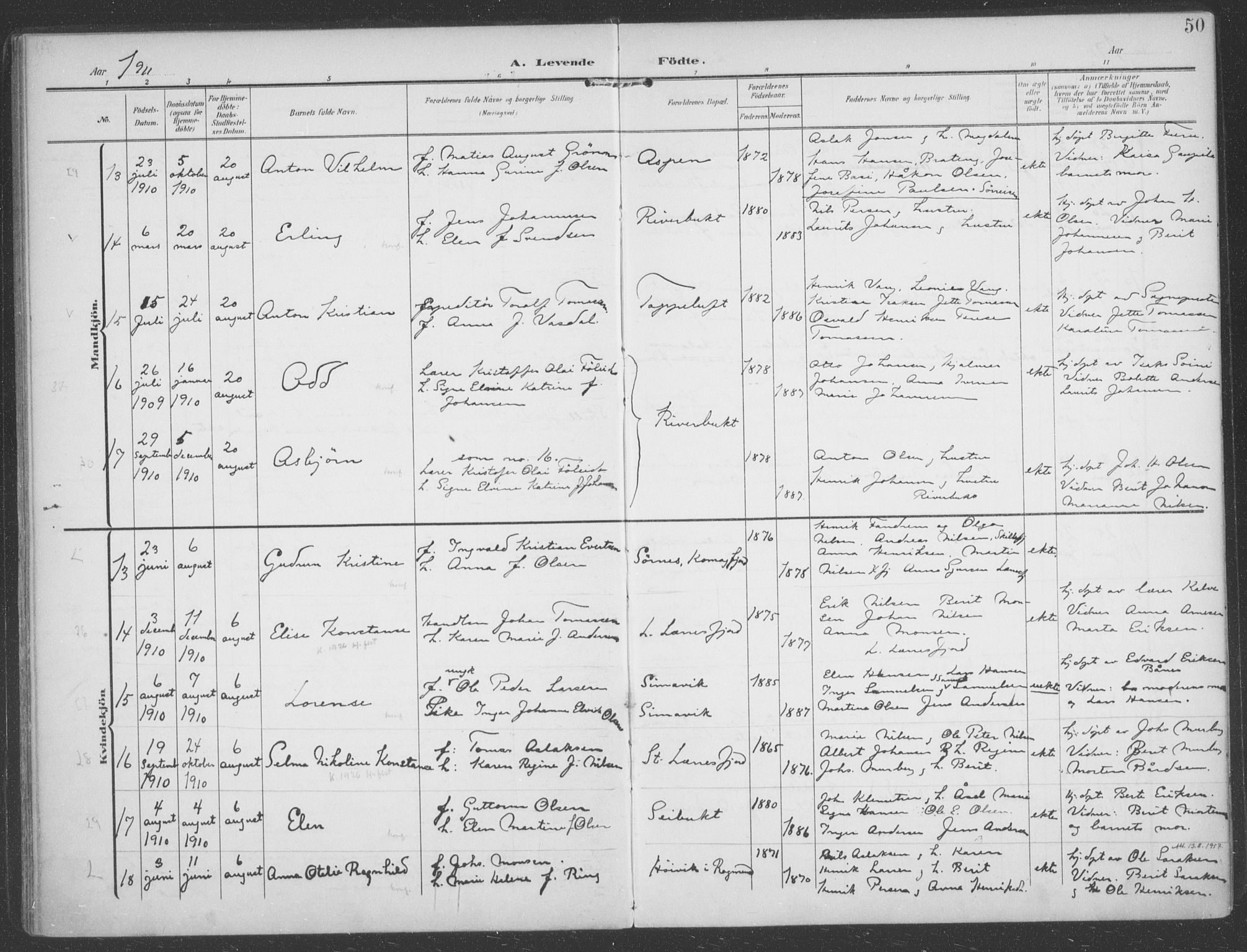 Talvik sokneprestkontor, SATØ/S-1337/H/Ha/L0017kirke: Parish register (official) no. 17, 1906-1915, p. 50