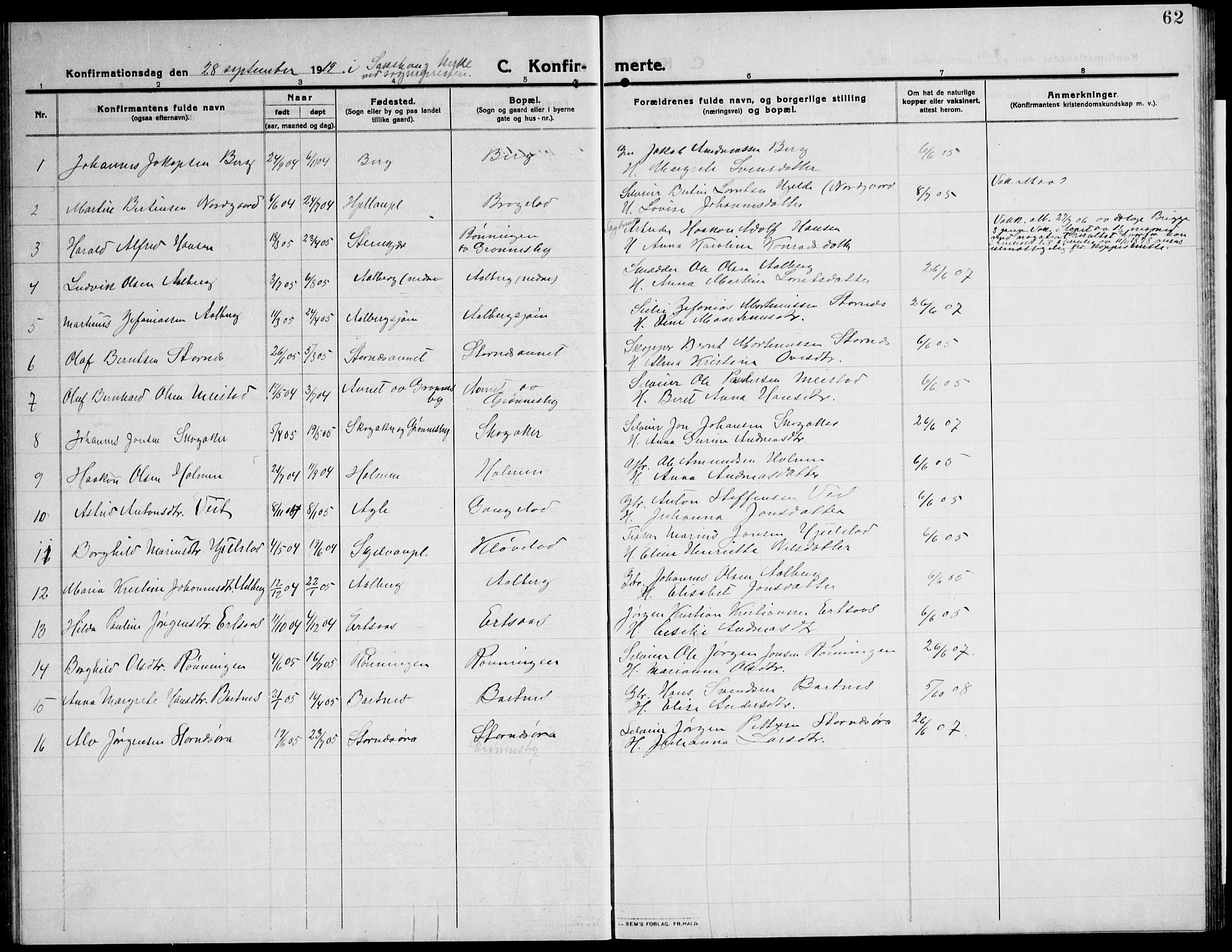 Ministerialprotokoller, klokkerbøker og fødselsregistre - Nord-Trøndelag, SAT/A-1458/732/L0319: Parish register (copy) no. 732C03, 1911-1945, p. 62