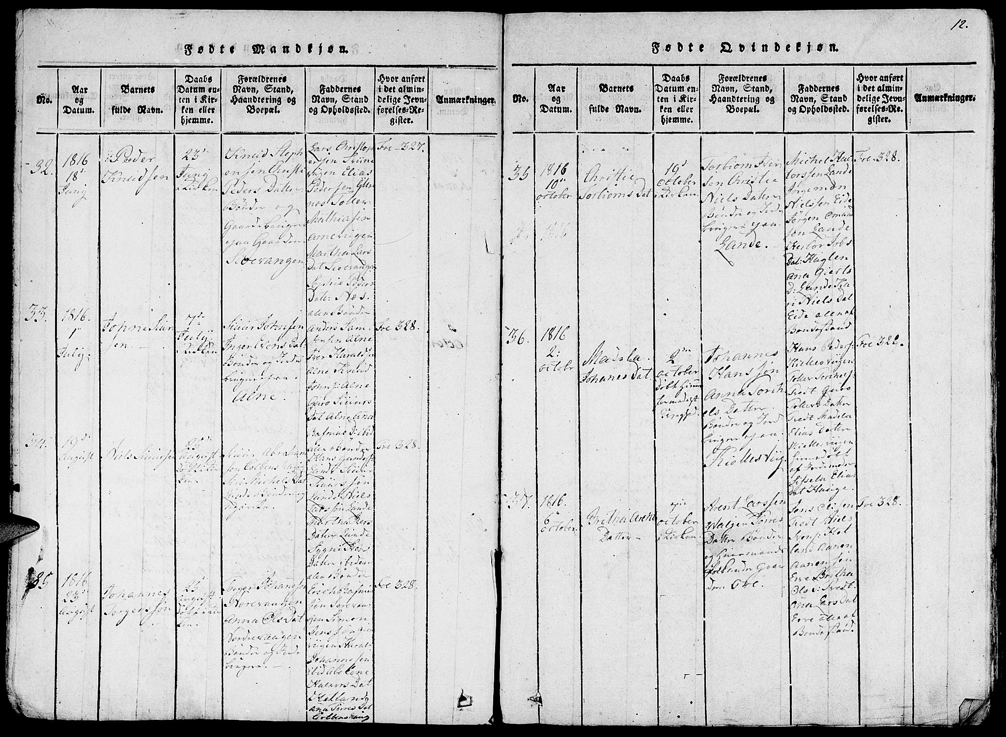 Fjelberg sokneprestembete, AV/SAB-A-75201/H/Haa: Parish register (official) no. A 4, 1816-1822, p. 12