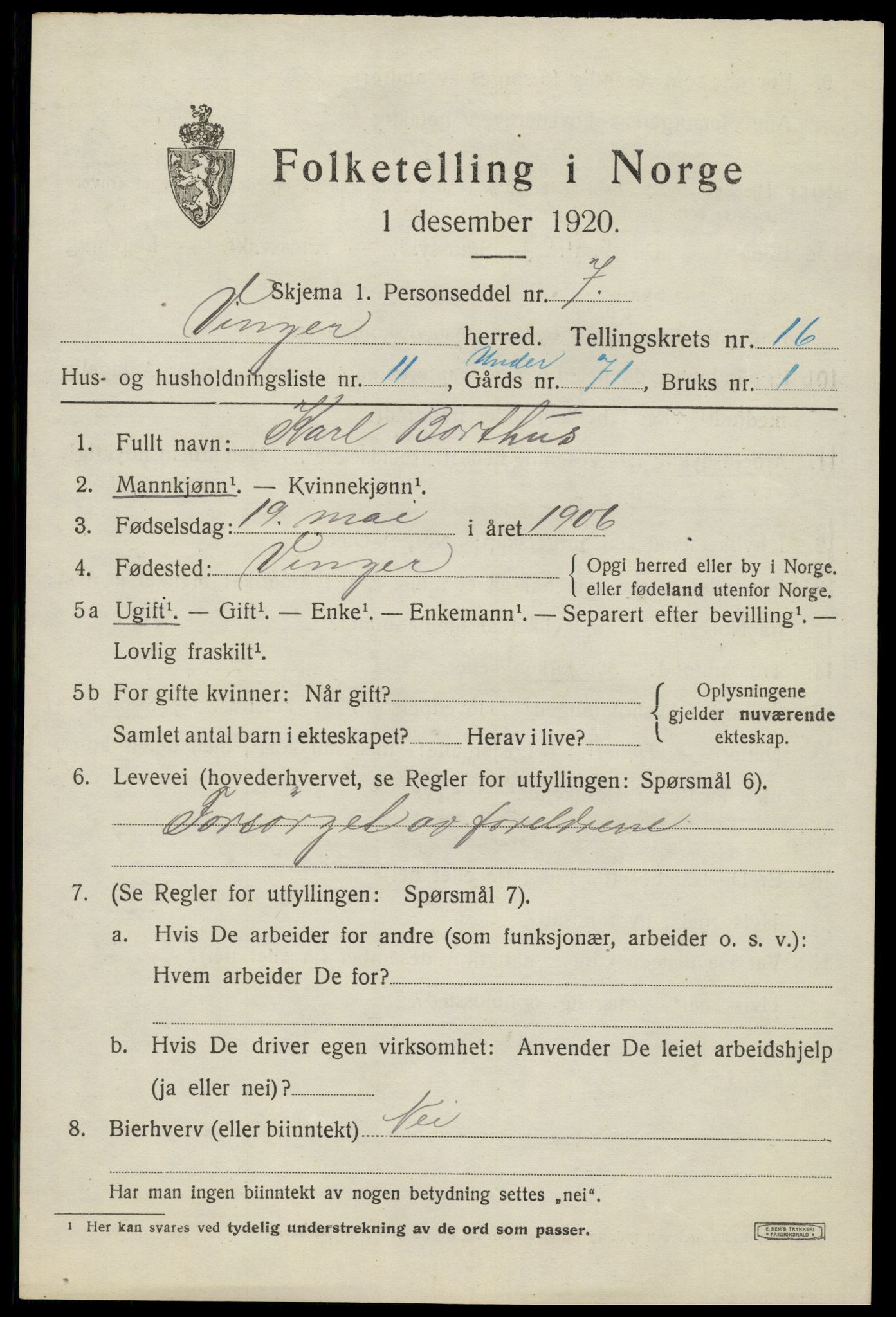 SAH, 1920 census for Vinger, 1920, p. 12178
