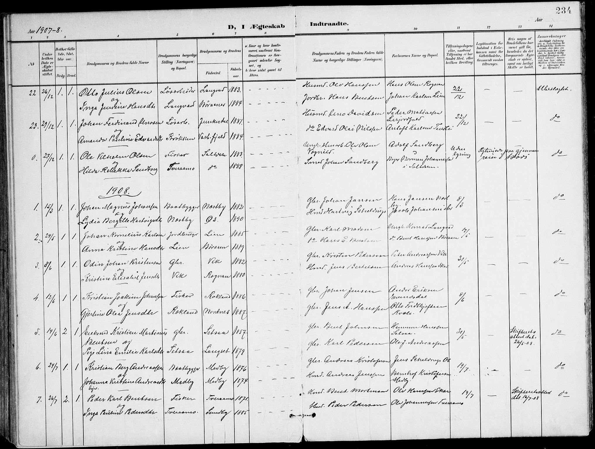 Ministerialprotokoller, klokkerbøker og fødselsregistre - Nordland, AV/SAT-A-1459/847/L0672: Parish register (official) no. 847A12, 1902-1919, p. 234