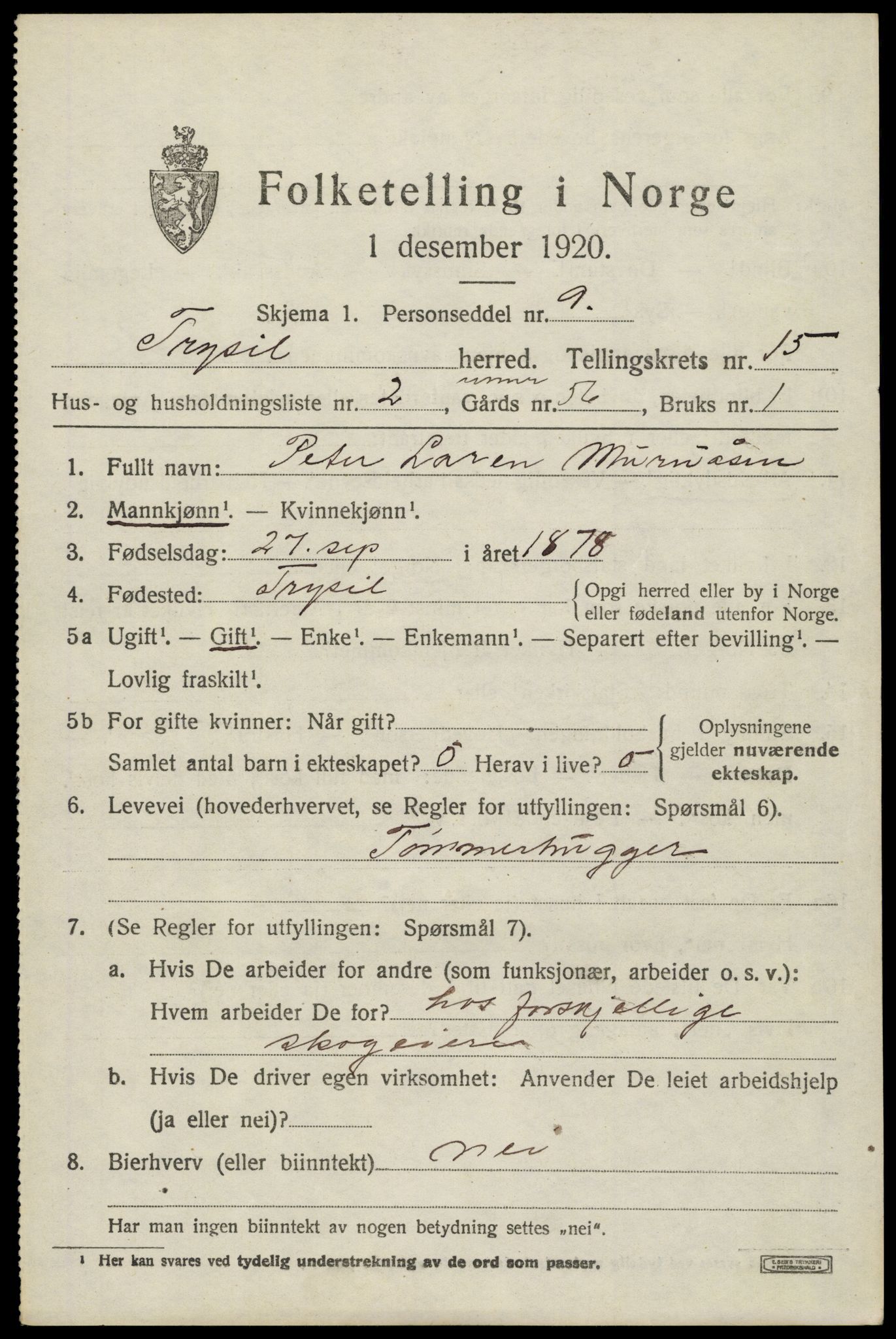 SAH, 1920 census for Trysil, 1920, p. 8813