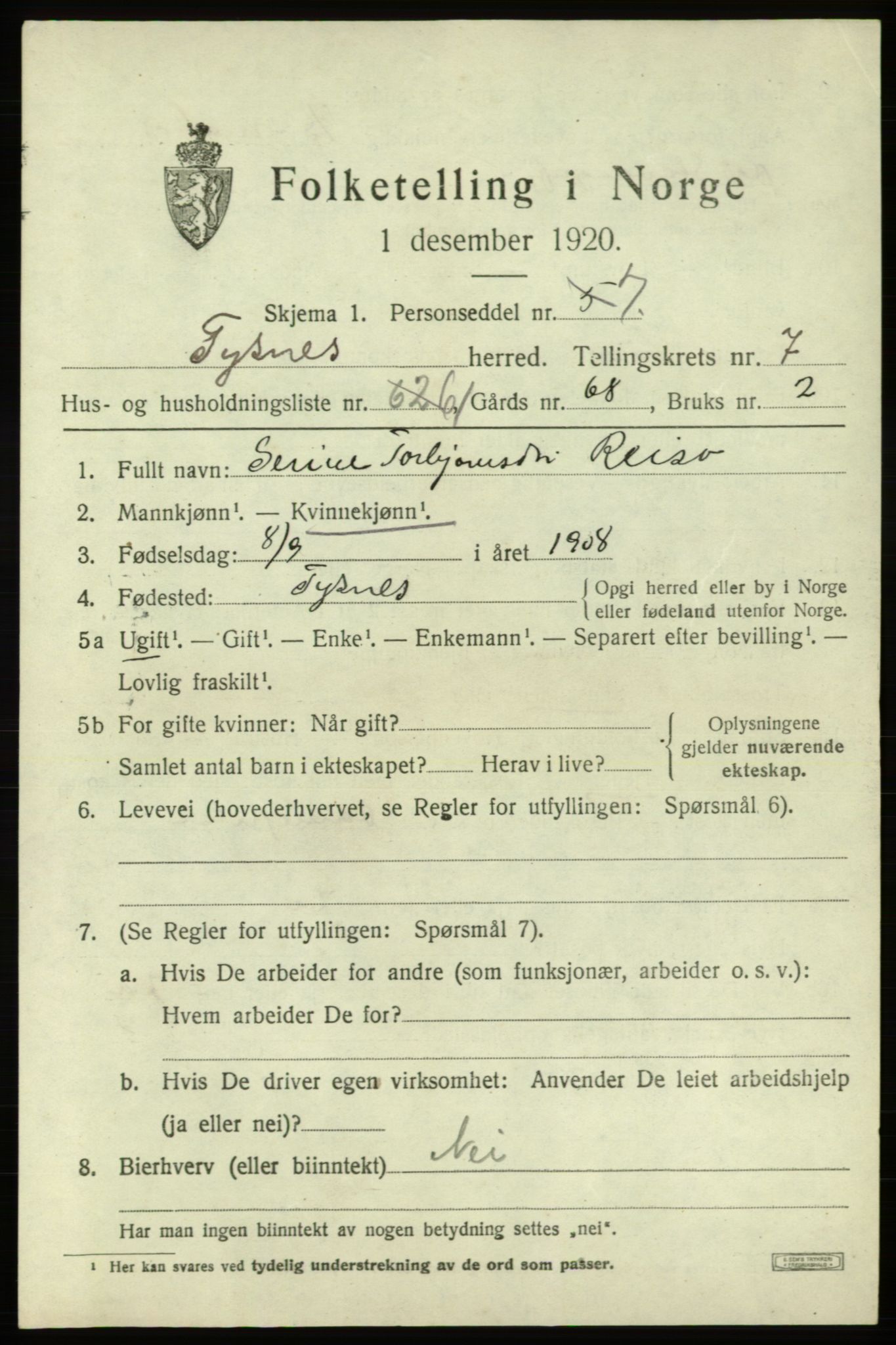 SAB, 1920 census for Tysnes, 1920, p. 5266