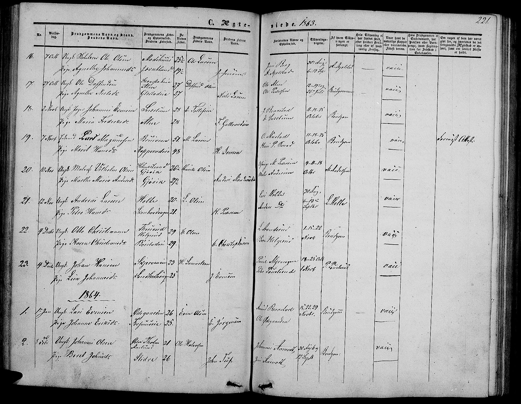 Vardal prestekontor, SAH/PREST-100/H/Ha/Hab/L0005: Parish register (copy) no. 5, 1854-1868, p. 221