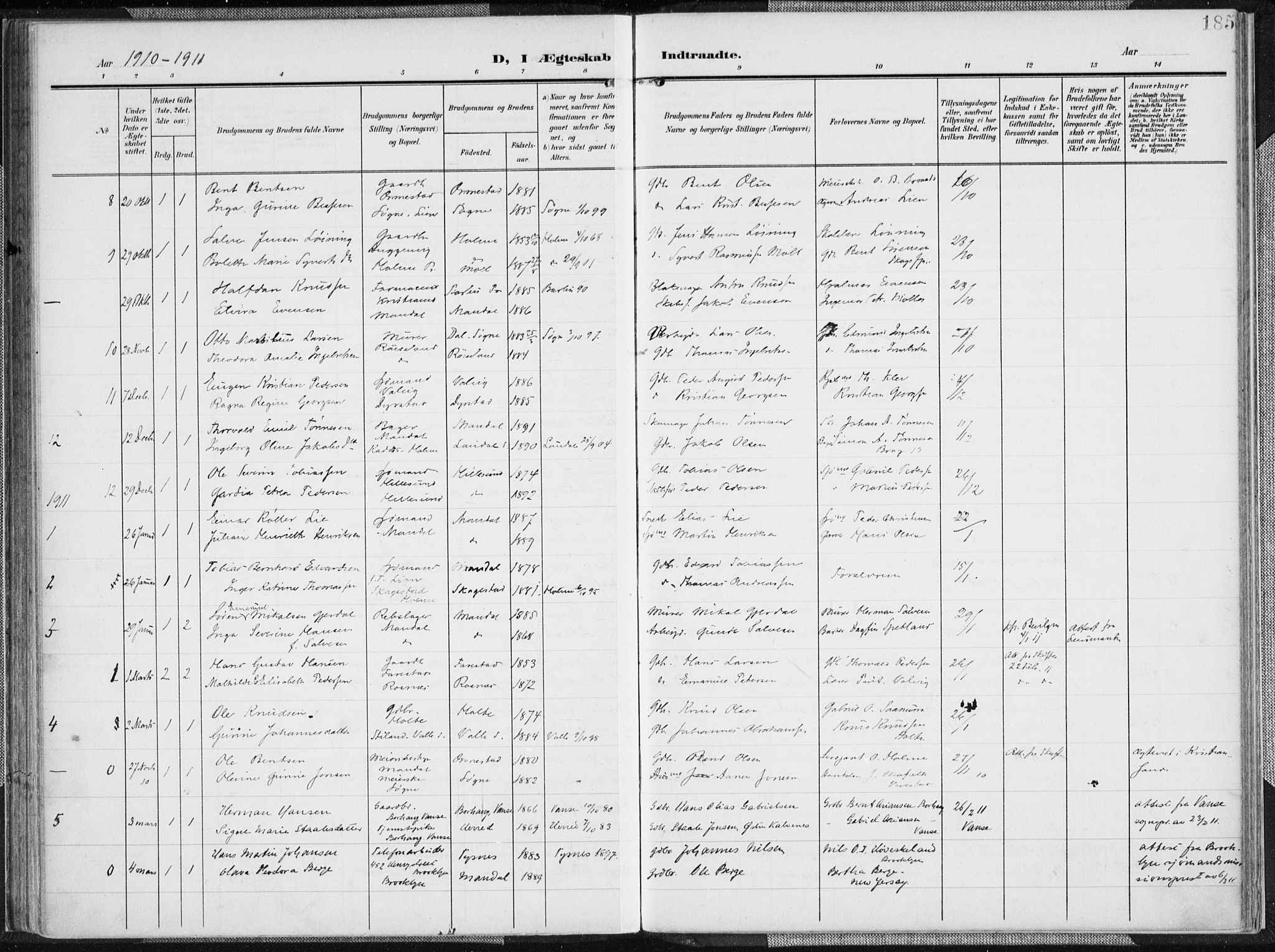 Mandal sokneprestkontor, AV/SAK-1111-0030/F/Fa/Faa/L0020: Parish register (official) no. A 20, 1906-1912, p. 185