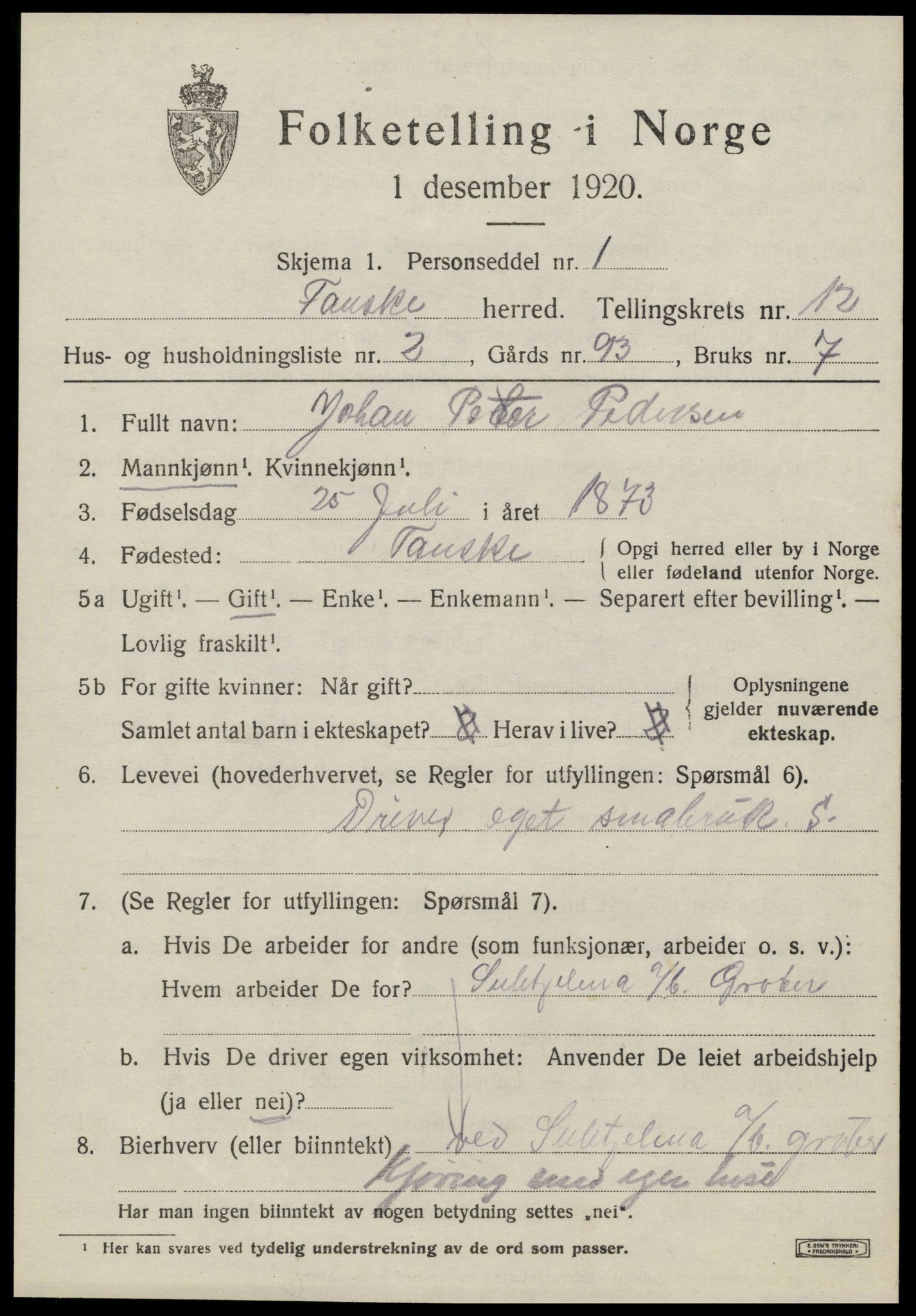 SAT, 1920 census for Fauske, 1920, p. 8180