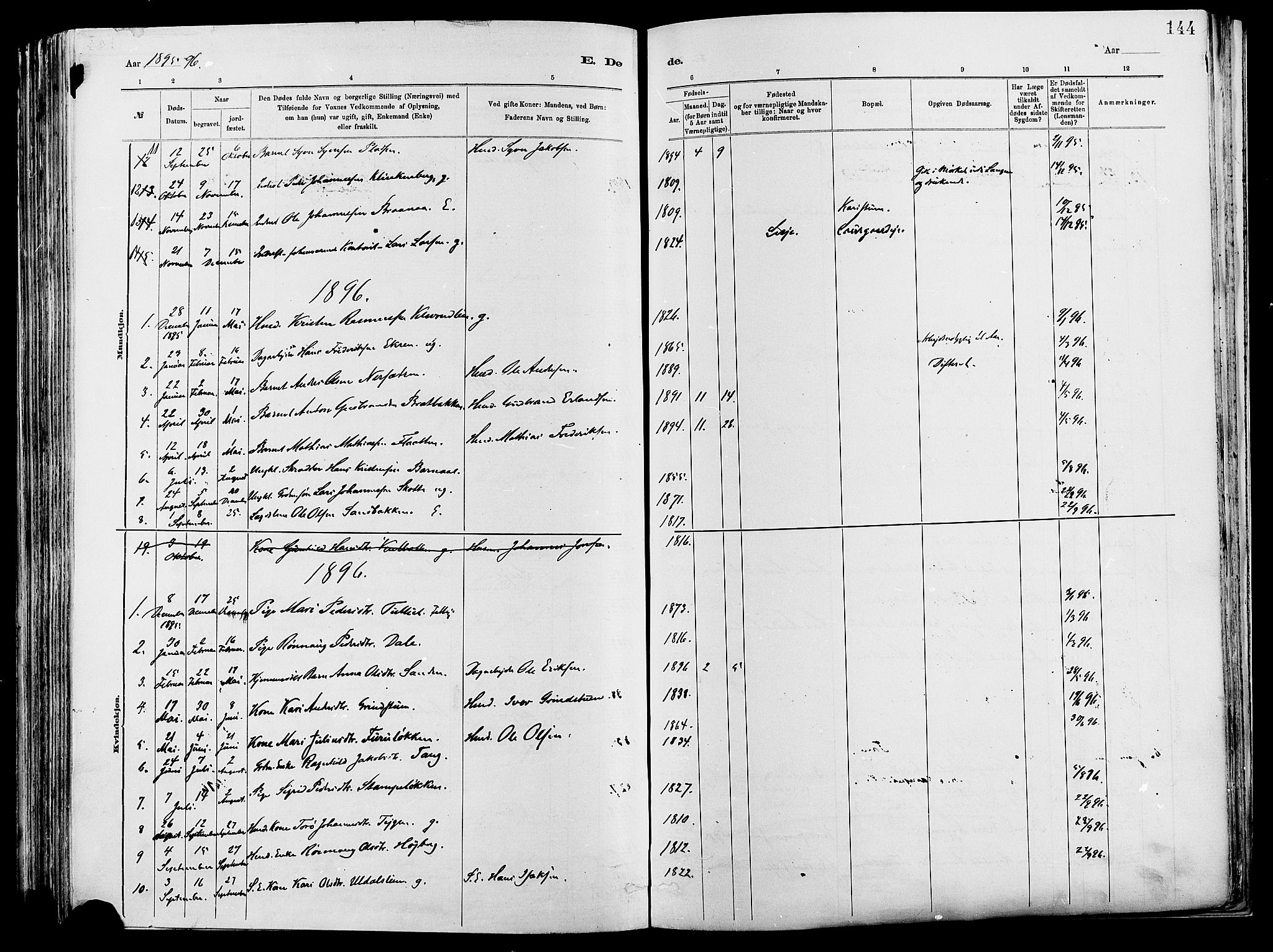 Vågå prestekontor, SAH/PREST-076/H/Ha/Haa/L0008: Parish register (official) no. 8, 1886-1904, p. 144