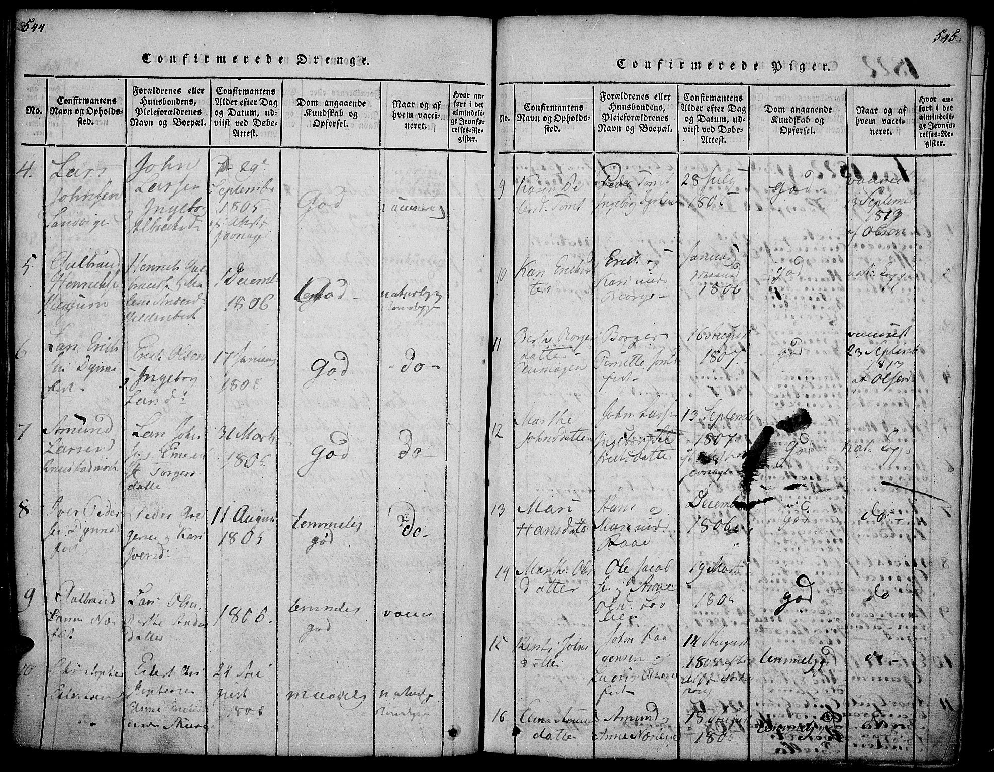 Gran prestekontor, SAH/PREST-112/H/Ha/Haa/L0009: Parish register (official) no. 9, 1815-1824, p. 544-545